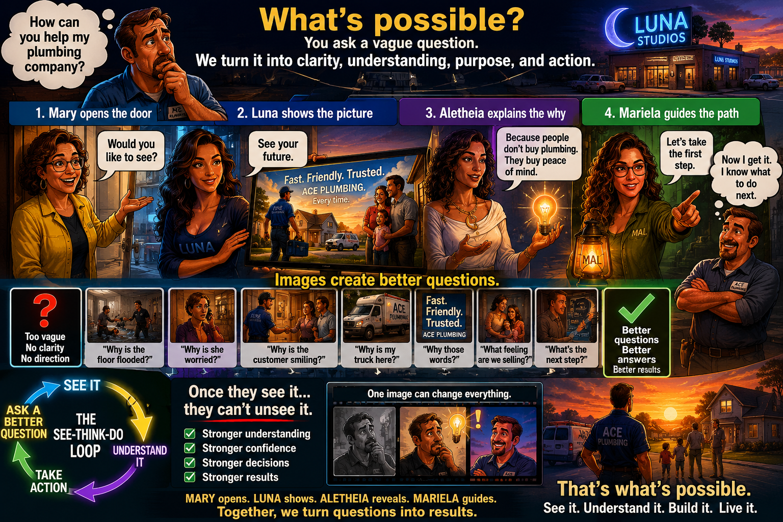 Illustration showing a comic-style guide to turning vague questions into clear results using images, featuring characters Mary, Luna, Aletheia, Mariela, and a client in a professional setting at Luna Studios, with a backdrop of a sunset, vehicles, and a house.