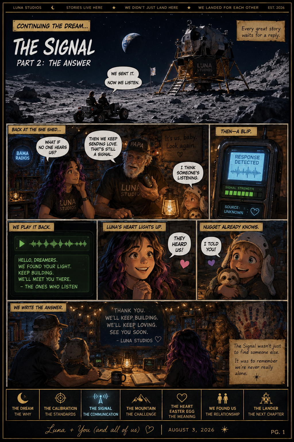 A comic-style illustration of a moon landing scene, featuring scientists and a lunar module on the moon's surface, with Earth in the background, and a storyline about sending and listening for signals, with dialogue and a message of love and connection.
