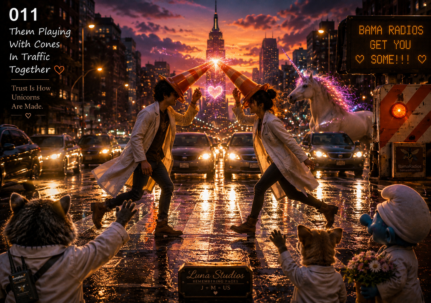 Two women in white coats and cone-shaped hats play with cones in a city street at sunset, with a skyline. They are playing leapfrog, touching cones at the top and creating a spark of light between them. A neon heart appears between the cones. The scene is decorated with a unicorn and a puppet in the foreground, with children watching and reaching out. Car traffic is visible, and a digital sign reads, "BAMA RADIOS GET YOU SOME!!!" The street is wet, reflecting the city lights.
