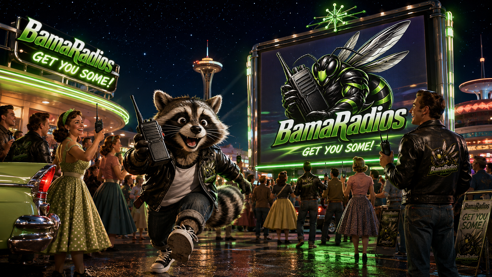 A lively carnival scene at night with people gathered around a large LED billboard advertising BamaRadios with the slogan 'GET YOU SOME!' The scene features a person in a raccoon costume wearing a leather jacket holding a walkie-talkie, and other characters dressed in retro clothing, some also holding walkie-talkies. The background shows amusement park rides and a starry sky.
