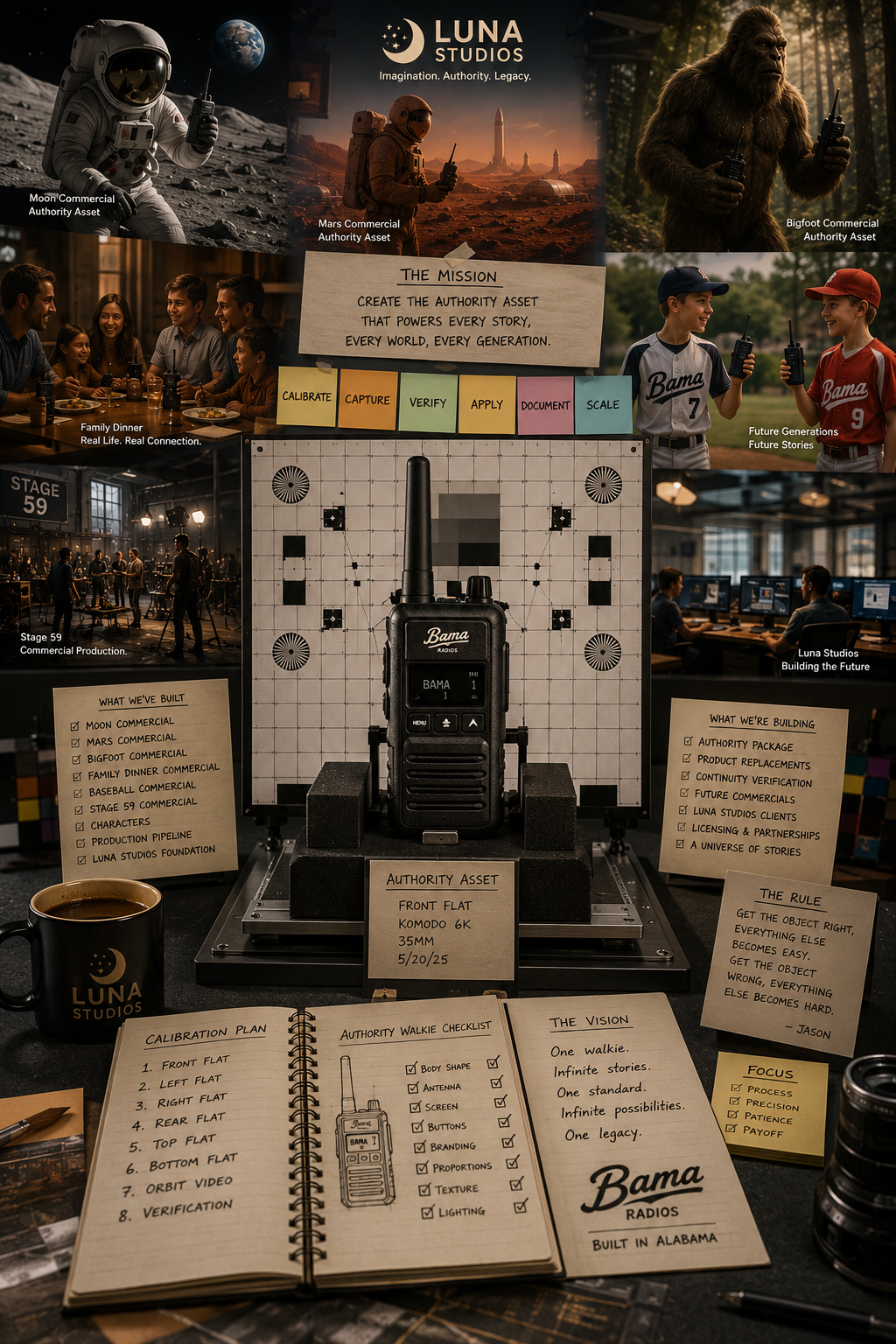 Collage of scenes related to Luna Studios' creative projects, including space exploration, family dinner, sports, stage production, and office work, with notes on building and defining their storytelling authority.