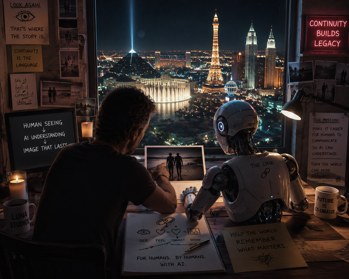 A man and a robot sit at a desk overlooking a city skyline at night, with illuminated landmarks including the Eiffel Tower and Petronas Towers. The desk has photos, notes, candles, and a computer screen with text about human and AI understanding.