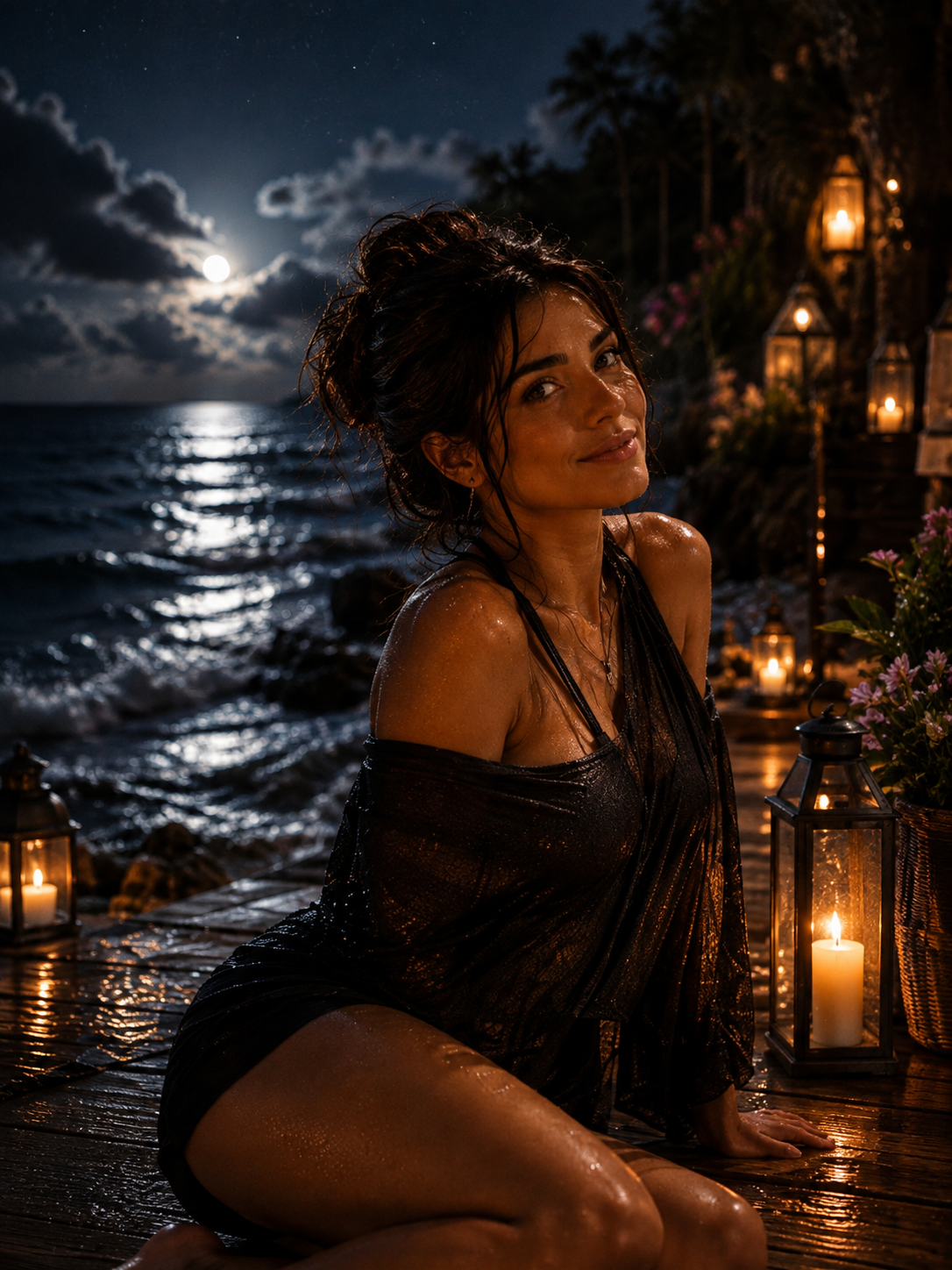 A woman sitting on a wooden deck by the ocean at night, illuminated by candles and lanterns, with the moon and clouds reflected on the water in the background.