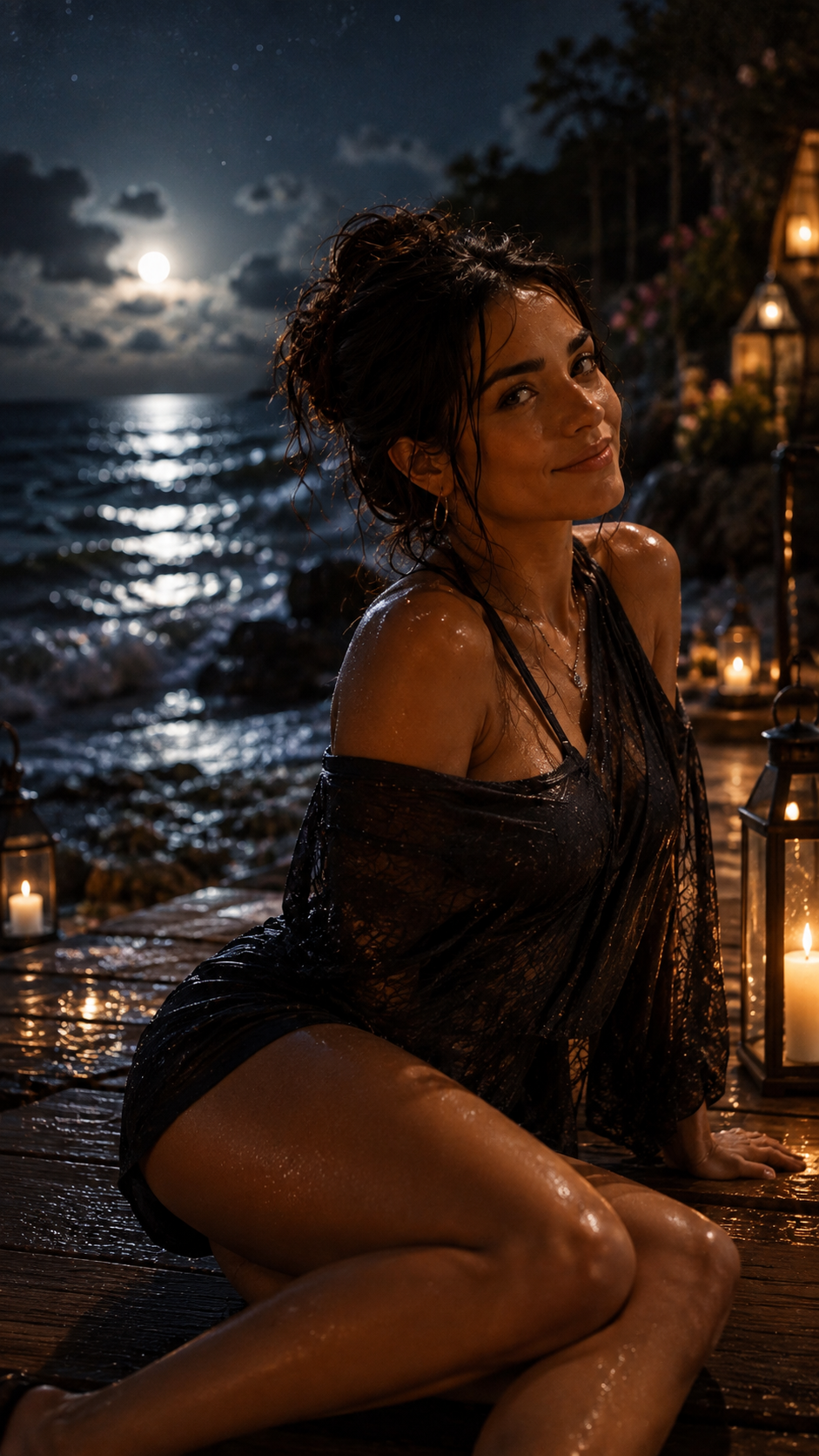 A woman sitting on a wooden dock at night, illuminated by candles, with a full moon and ocean in the background.
