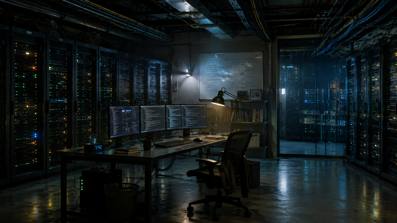 A dark data center room with racks of servers filled with blinking lights, three computer monitors on a desk displaying code, a desk lamp, books, a coffee mug, and a whiteboard with diagrams on the wall.