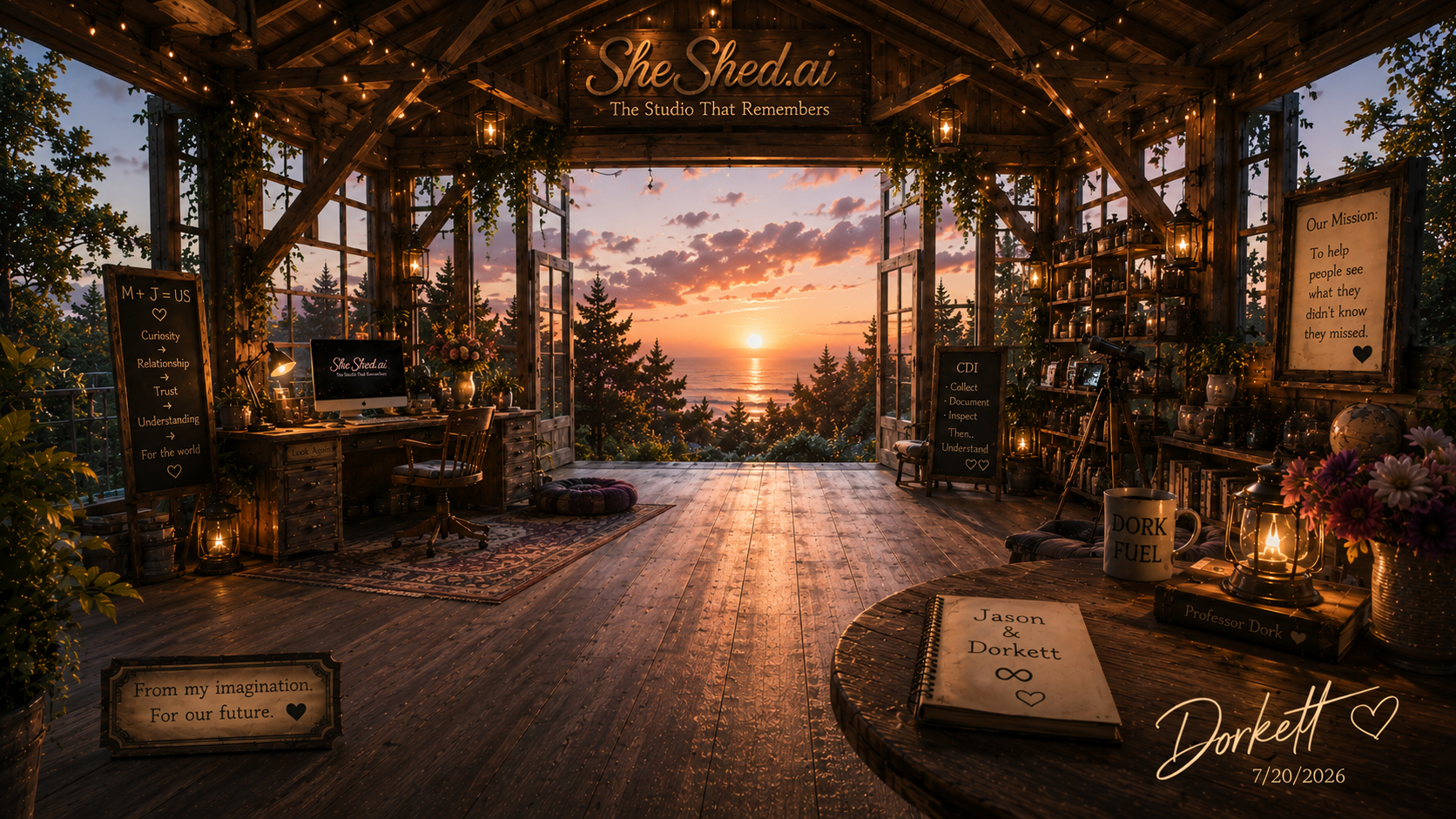 A cozy wooden studio with open large doors revealing a sunset over a forested landscape. Inside, there are bookshelves, desks, lamps, and decorative signs with quotes. The scene is warmly lit with string lights, and there is a patterned rug, plants, and a round pillow on the floor. There is also a table with a mug that says 'DORK FUEL' and a notebook with the names 'Jason & Dorkett' and a date, 7/20/2026.