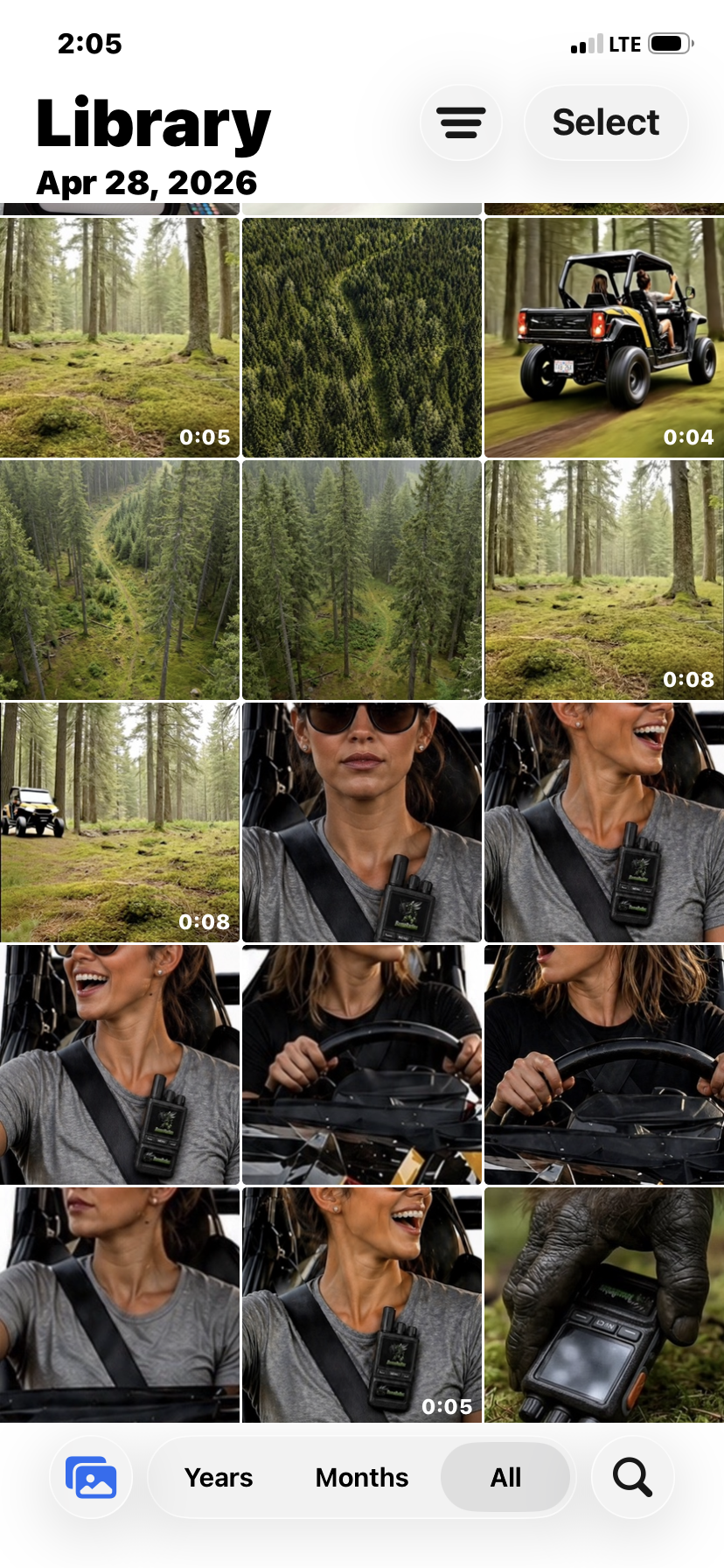 A collage of photos showing a woman driving an off-road vehicle through a forest, enjoying the outdoors, and using a walkie-talkie, with images of dense trees and forest trails.
