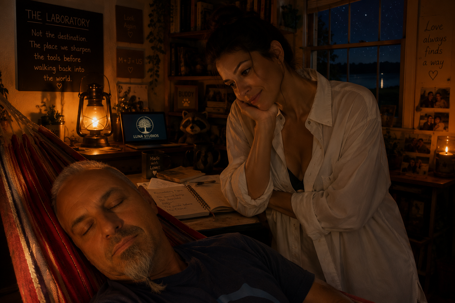 A woman watching a man sleeping in a hammock in a cozy, dimly lit room at night with stars visible outside the window. There are books, a plasma lamp, and framed photos on the shelves and walls.