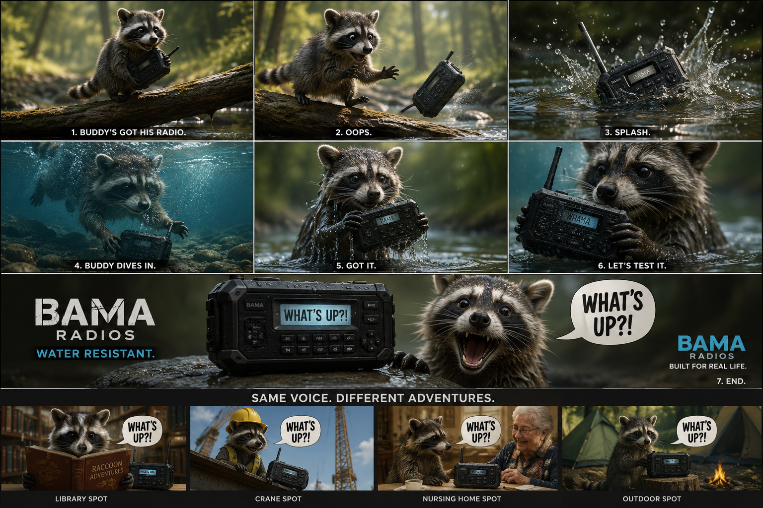 A raccoon engages in various activities with a waterproof radio in outdoor settings, including on a log in a stream, underwater, on a rock, in a library, at a construction site, at a nursing home, and camping. The sequence depicts the raccoon handling the radio, falling into water, testing the radio, and greeting with a speech bubble saying "What's Up?!" with different backgrounds and people.