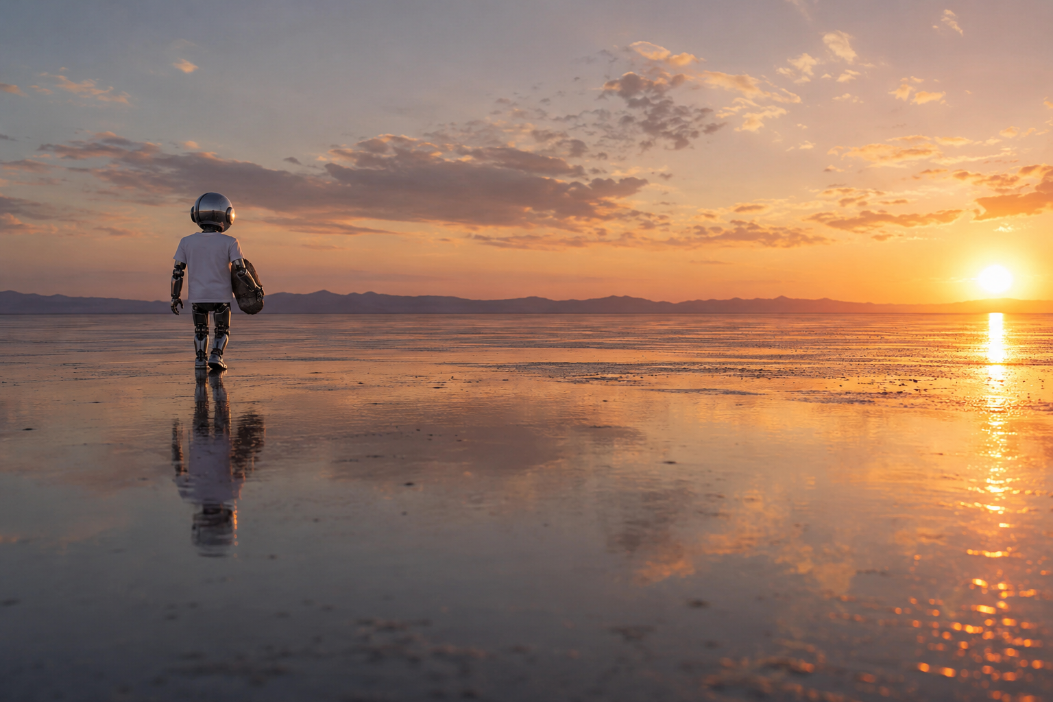 A robot walking on a reflective surface at sunset, carrying a helmet, with mountains and a colorful sky in the background.