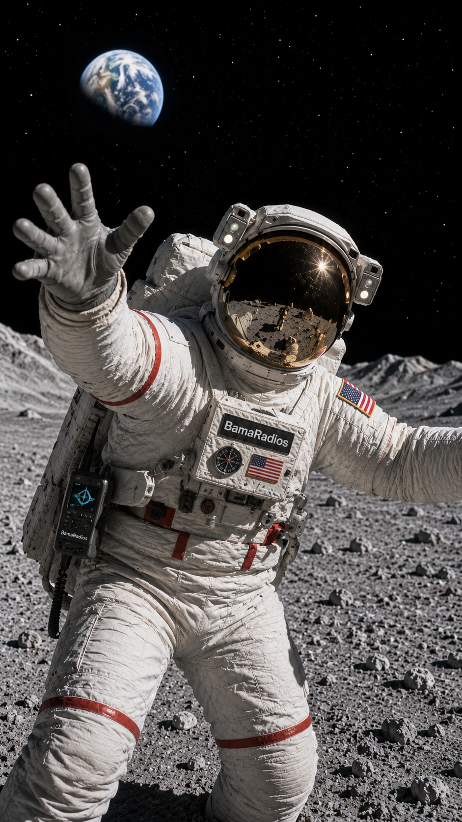 An astronaut in a spacesuit waving, on the moon's surface with Earth in the background and stars in space.