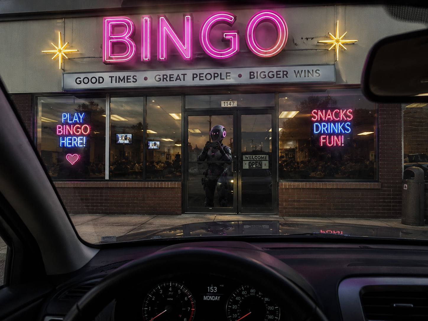 A storefront with neon signs advertising bingo, snacks, drinks, and fun. There is a humanoid robot figure in the window, and the interior appears to be a busy restaurant or bar. The signage includes phrases like 'Play Bingo Here!', 'Good Times', 'Great People', and 'Bigger Wins'.