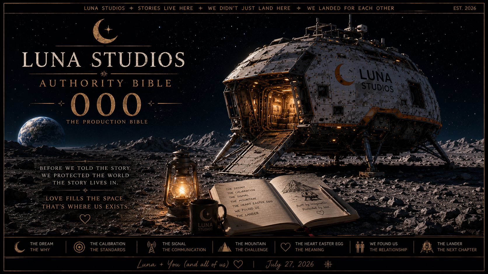A space-themed graphic promoting Luna Studios Authority Bible with the subtitle 'The Production Bible'. The background shows a lunar landscape with Earth in the sky and stars. In the foreground, there is an open notebook with hand-drawn illustrations and text about a mountain and Easter eggs, a lantern, a mug with Luna Studios logo, and a small figure of a man. A spaceship is parked nearby. Text around the image describes themes like storytelling, protection, love, and exploration, with icons representing the journey of a story.