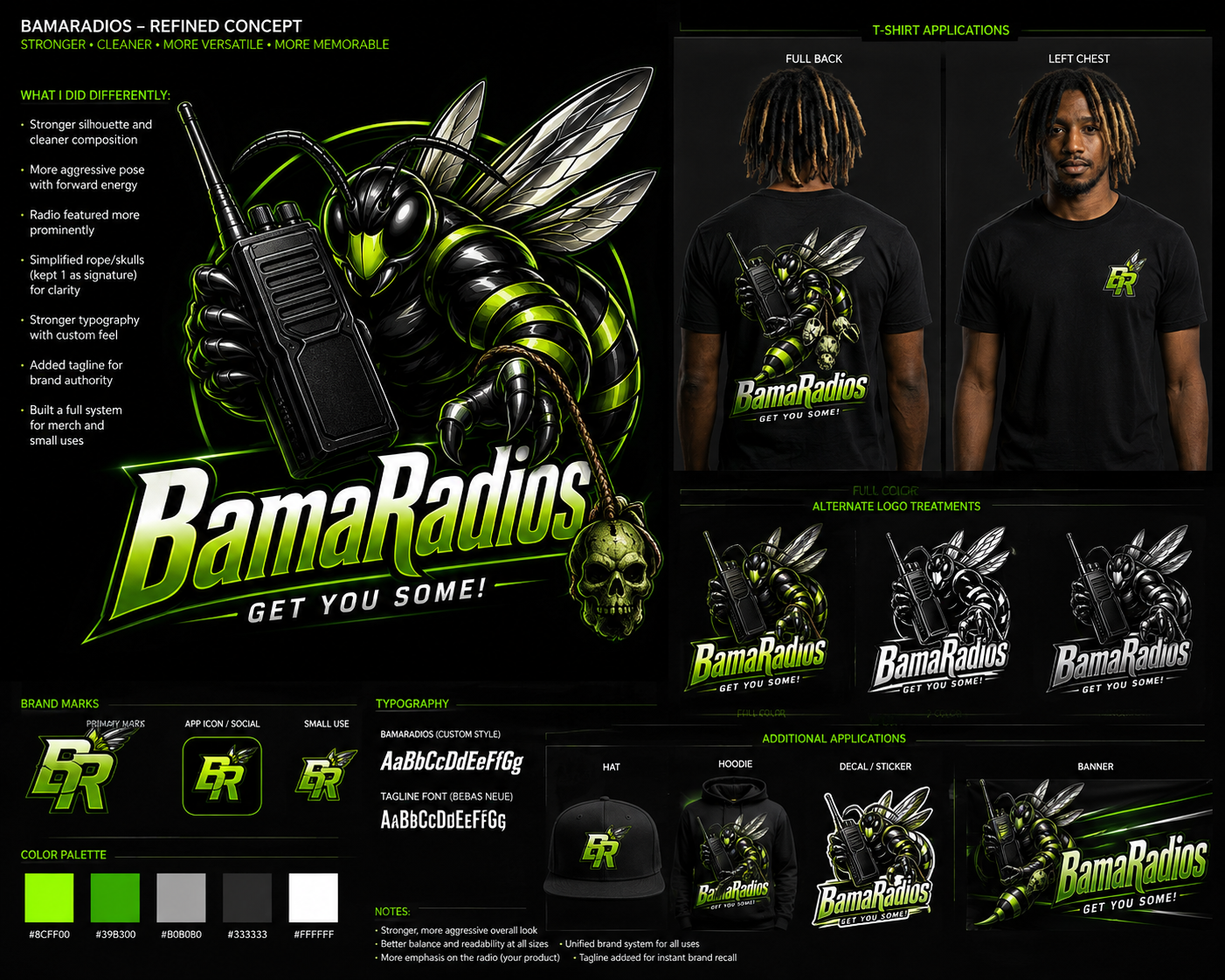 Design concept for BamaRadios branding featuring a hornet holding a walkie-talkie, wearing sunglasses, with wings, and a skull hanging from its claw. Showcases the front and back T-shirt designs, alternate logo treatments in color and black-and-white, branding marks, typography, color palette, and applications including a hat, hoodie, decal, and banner. The slogan is "Get You Some!"