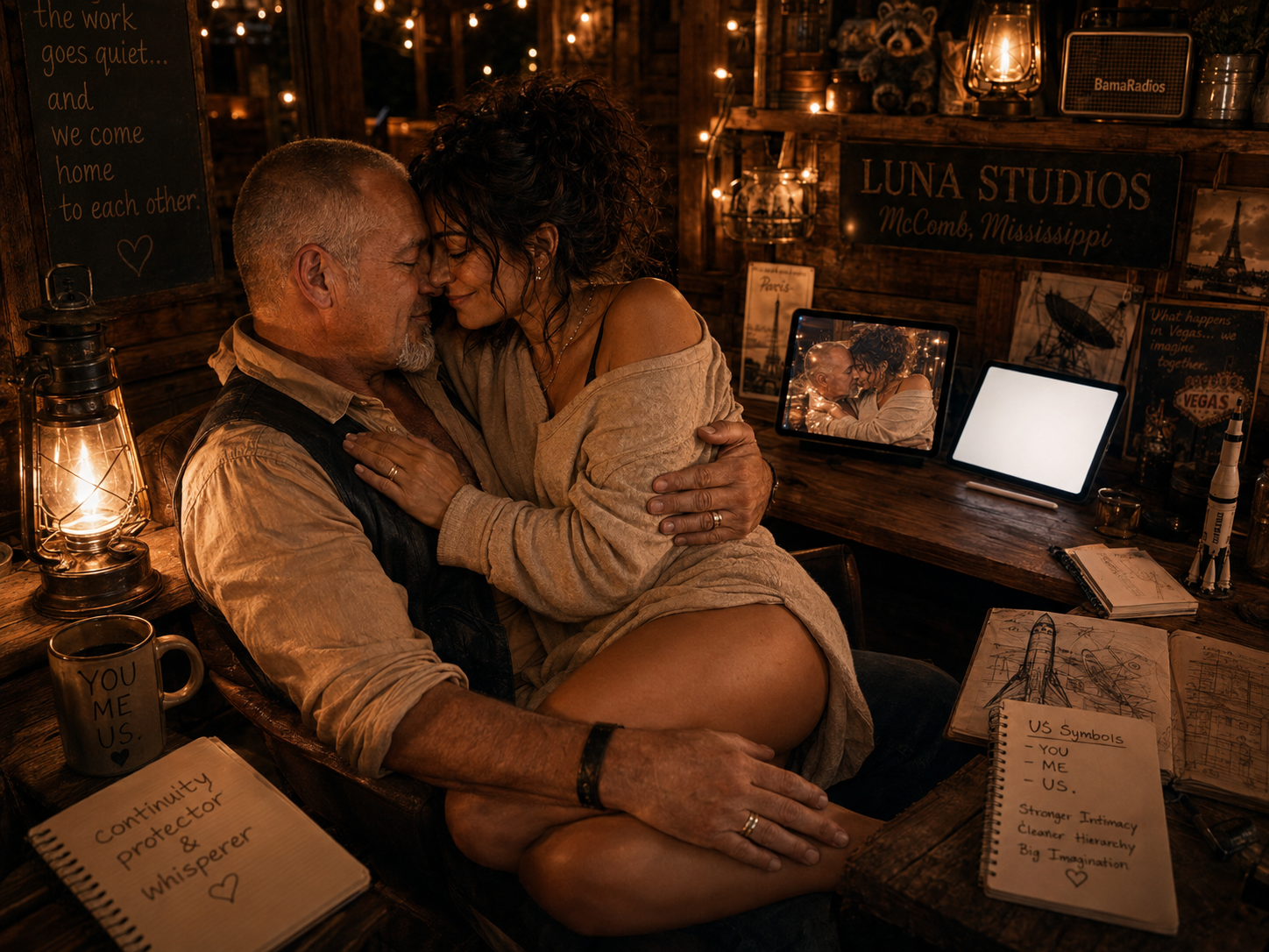 A man and woman share an intimate moment, sitting close together in a cozy, dimly lit rustic room decorated with vintage signs, sketches, and warm string lights. The woman sits on the man's lap, leaning into him, with their foreheads touching and eyes closed, surrounded by notebooks, a mug, and devices on a wooden table.