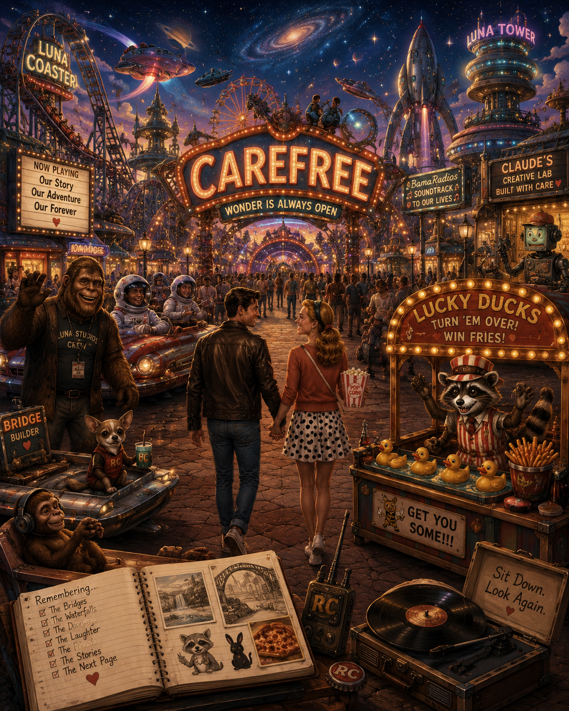 An amusement park at night filled with bright lights and themed rides, with people walking, talking, and enjoying the attractions. Signs include "CAREFREE," "LUCA TOWER," and "LUCKY DUCKS," and a couple of characters are holding hands in the foreground. Booths offer popcorn, fries, and souvenirs.