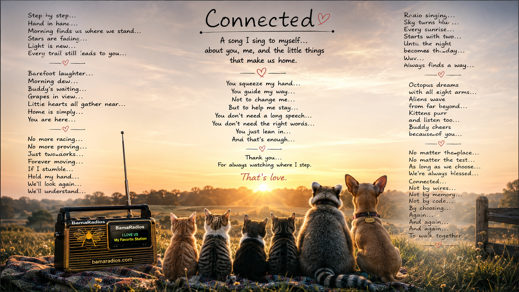 A scenic outdoor sunset with five cats and a dog sitting on a blanket, looking at the horizon. The left side shows a radio with a bee logo and a message screen, while the sky is filled with soft clouds and the sun setting behind distant trees. The image contains poetic text about love and connection.