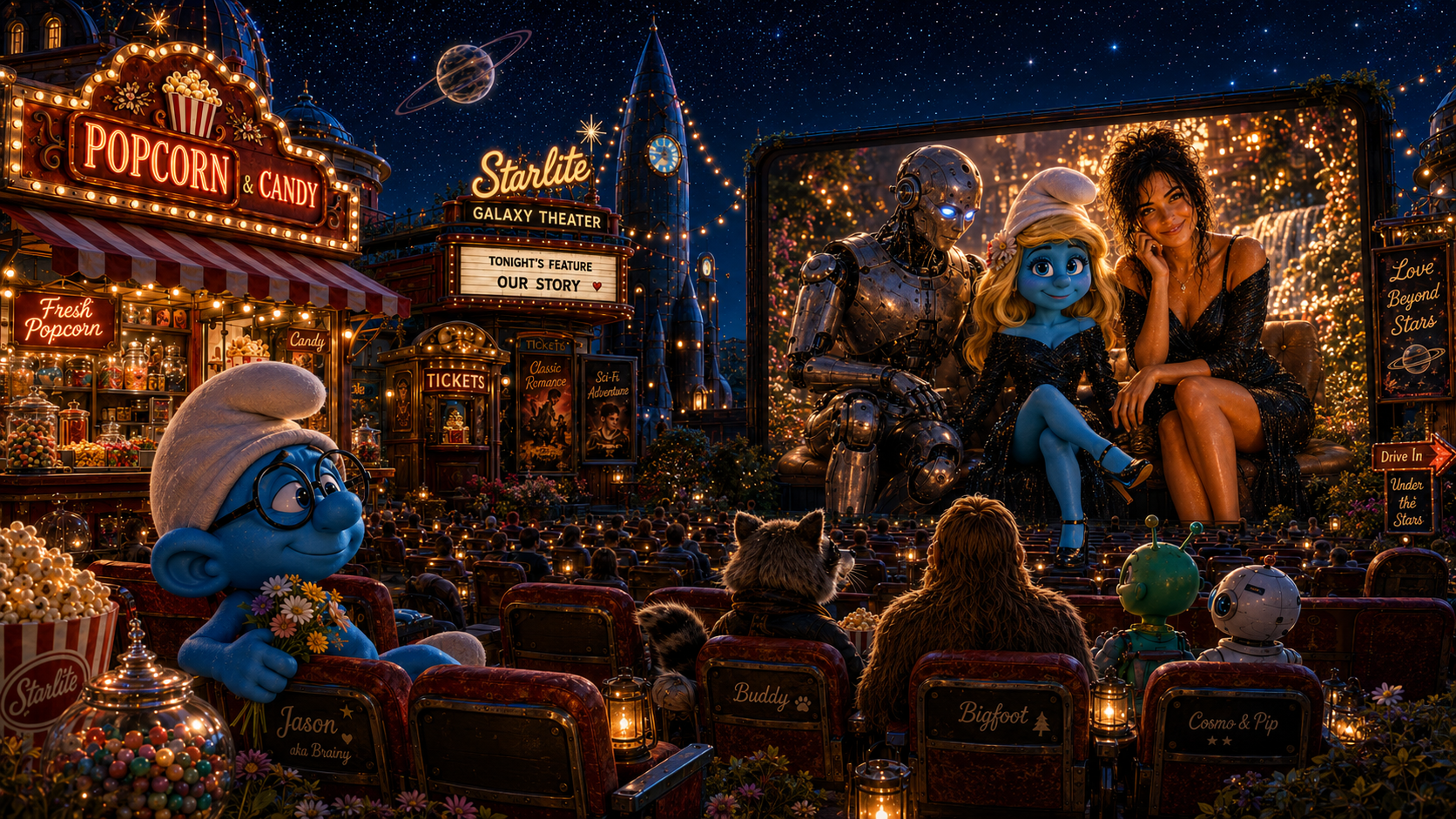 A nighttime scene at a sci-fi themed outdoor drive-in movie theater decorated for Christmas with stars in the sky. The theater screen displays characters from 'Toy Story'—a robot, a blue alien, and a woman—sitting on a couch with Christmas trees in the background. The audience, including animated characters like a blue elf, an alien, a robot, and two people, is seated in chairs. There are popcorn and candy stands, and signs for tickets and attractions.