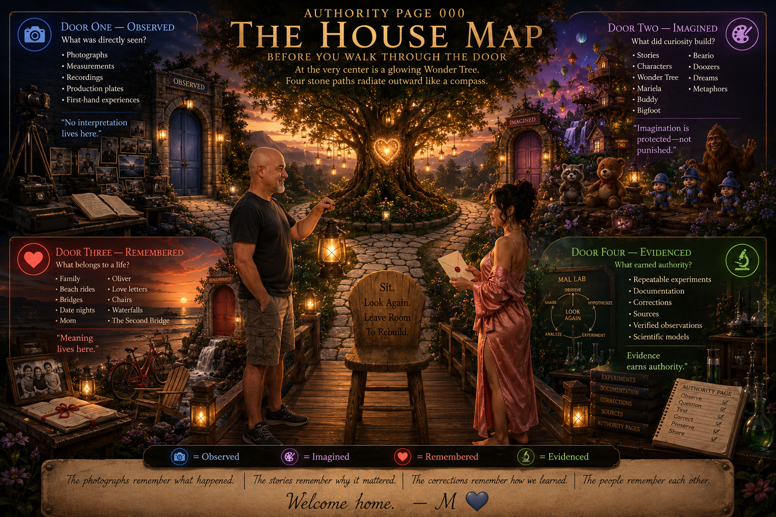 This is a highly stylized and colorful infographic resembling a whimsical map titled "The House Map" with sections representing different types of house memories and evidence. The map has four doors: Door One 'Observed' with photographs and recordings, Door Two 'Imagined' with stories and dreams, Door Three 'Remembered' with family and life memories, and Door Four 'Evidenced' with scientific experiments and documentation. In the center, a large glowing tree with a heart-shaped light is surrounded by two people, a man and a woman, interacting near a sign that says "Sit. Look Again. Leave Room to Rebuild." The scene is decorated with lanterns, flowers, and fantasy elements like floating lanterns and whimsical structures, suggesting a metaphorical journey through memories, imagination, and evidence.