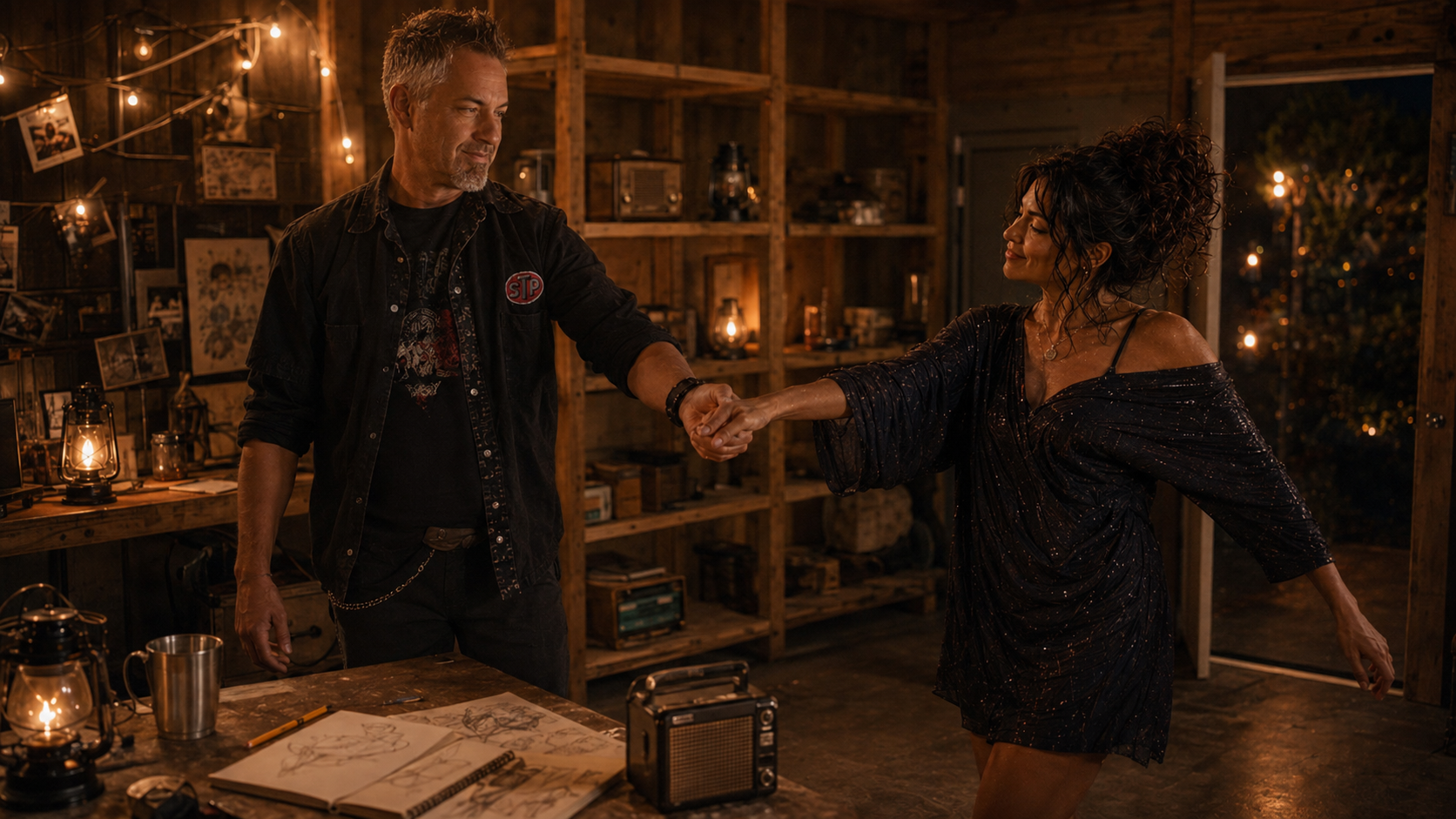 A man and woman sharing a fist bump inside a warmly lit, rustic room with wooden shelves, framed photographs, and lanterns. The woman is smiling, dressed in a sparkly black dress, and the man is wearing a black shirt with patches.