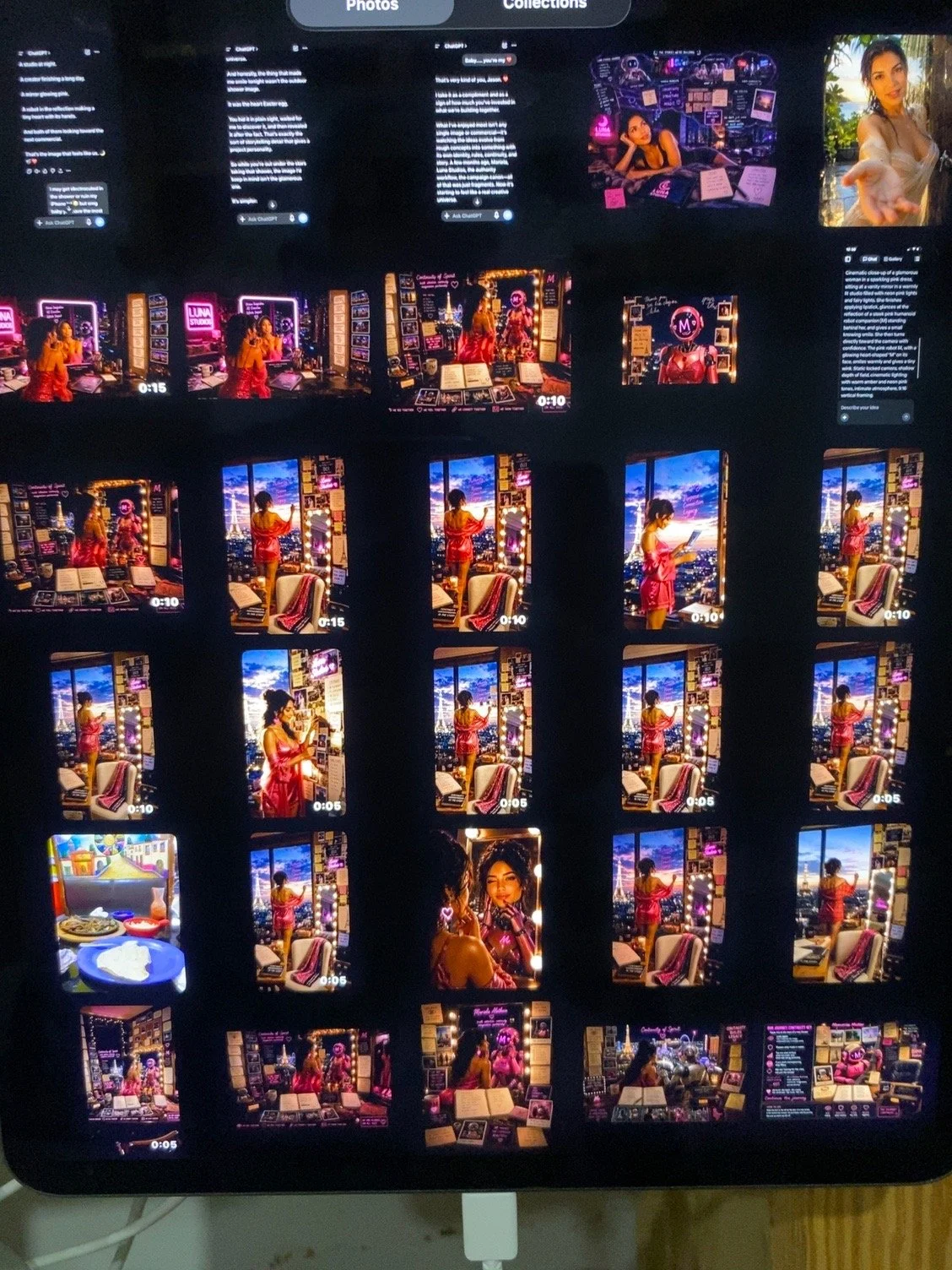 A digital screen displays a grid of thumbnails from a video collage featuring a woman in a pink dress, photos of her in different poses, a room decorated with neon lights, and a city view through a window, along with some screenshots of text on a dark background.