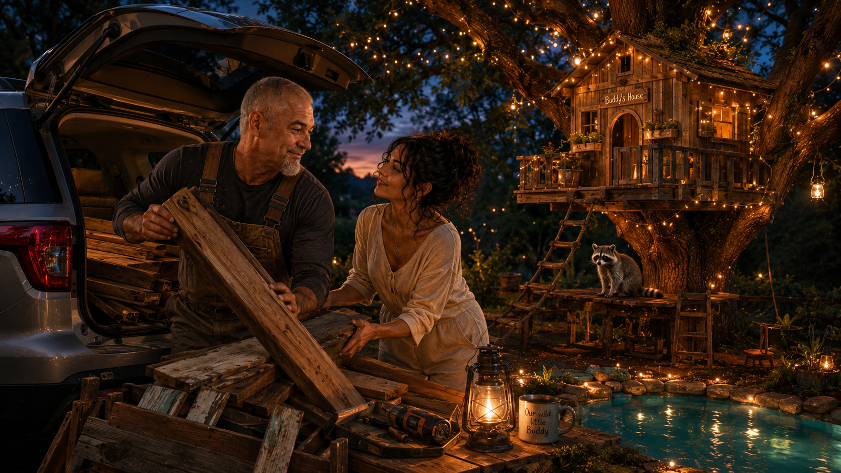 A man and woman working together to build something outdoors at dusk. The background features a treehouse lit with string lights, a raccoon, a small pond, and various decorative elements.
