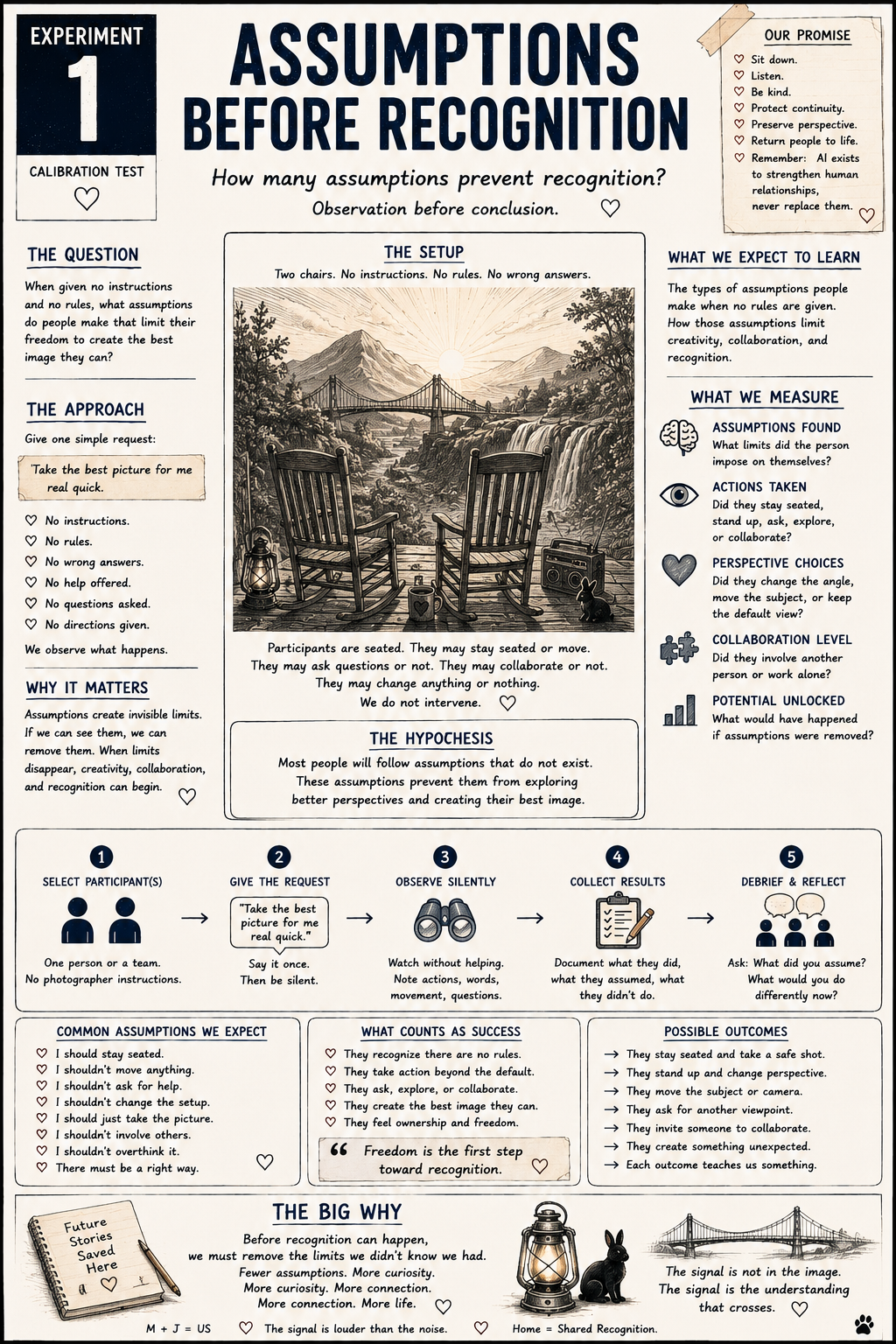 An informational poster titled 'Assumptions Before Recognition' outlining an experiment about how assumptions affect perception. It includes sections on the setup with two chairs, a mountain view, and a small animal; the promise to listen, be kind, and preserve perspective; what to learn about assumptions, actions, and perspectives; the process of selecting, giving a request, observing, collecting results, and reflecting; and points about common assumptions, success, and outcomes. Decorative elements include hearts, a lantern, and a bridge illustration.