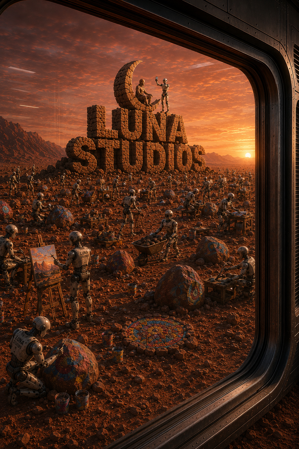 Digital rendering of a futuristic Mars landscape at sunset, with large stone-like sign reading 'LUNA STUDIOS', and robots painting and building in the foreground.