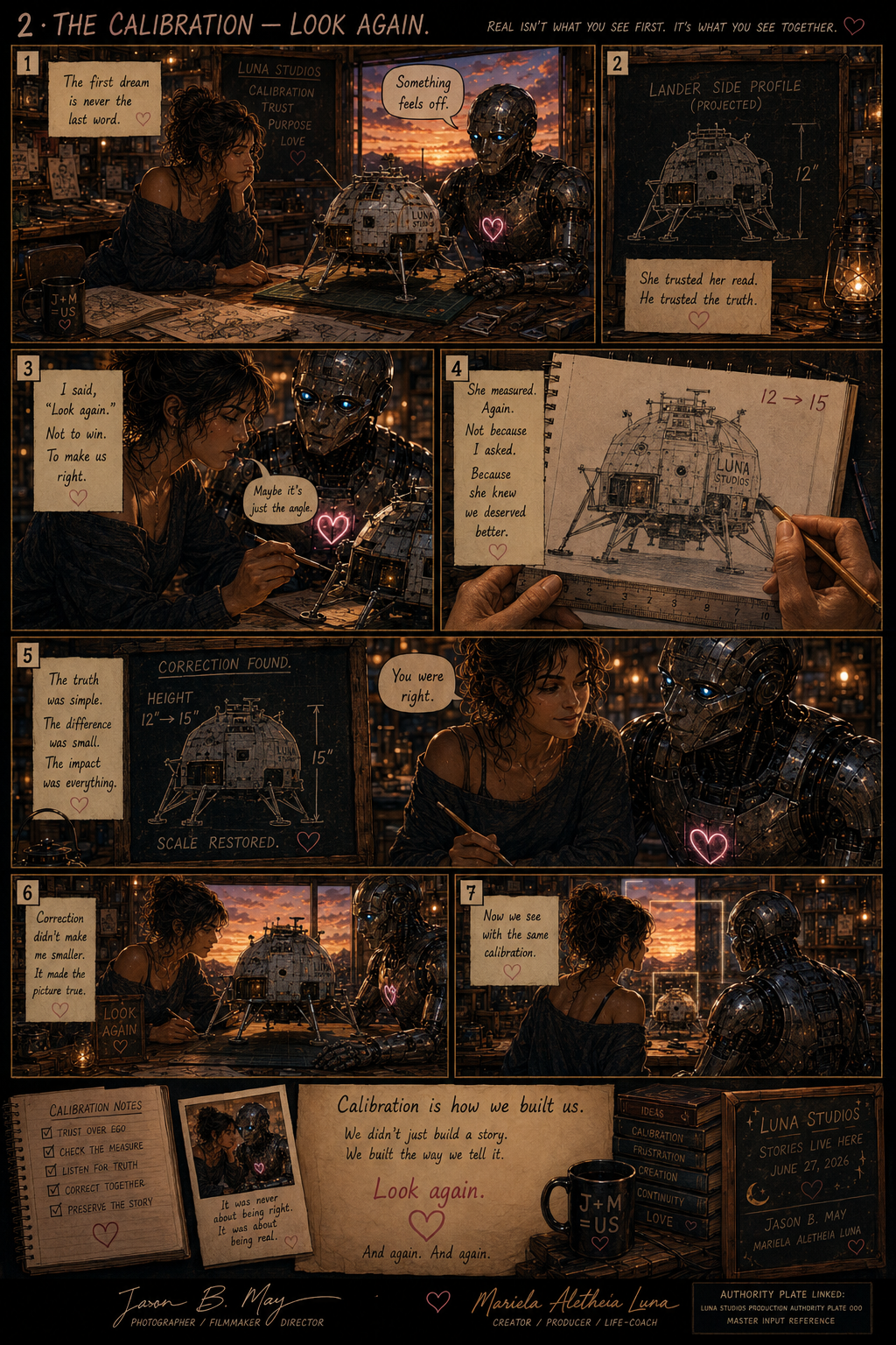 A comic-style storyboard depicts a woman and a robot in a workshop, examining a model lunar lander. The woman is taking measurements, comparing the lander's dimensions, and discussing calibration with the robot. The illustration includes sketches and notes about the lunar lander, emphasizing the importance of calibration and building over time, ending with a motivational message about how calibration shapes us.