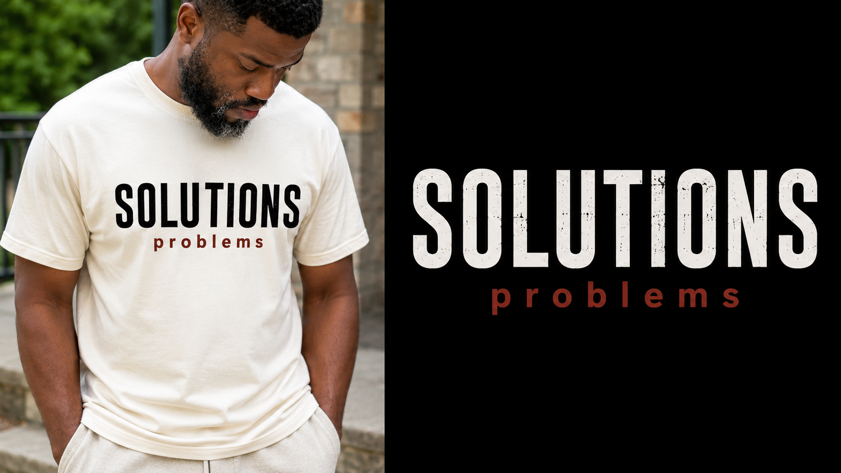 A man wearing a cream-colored t-shirt with the words 'SOLUTIONS problems' printed on it, standing outdoors with his head bowed and hands in his pockets, near a brick wall.