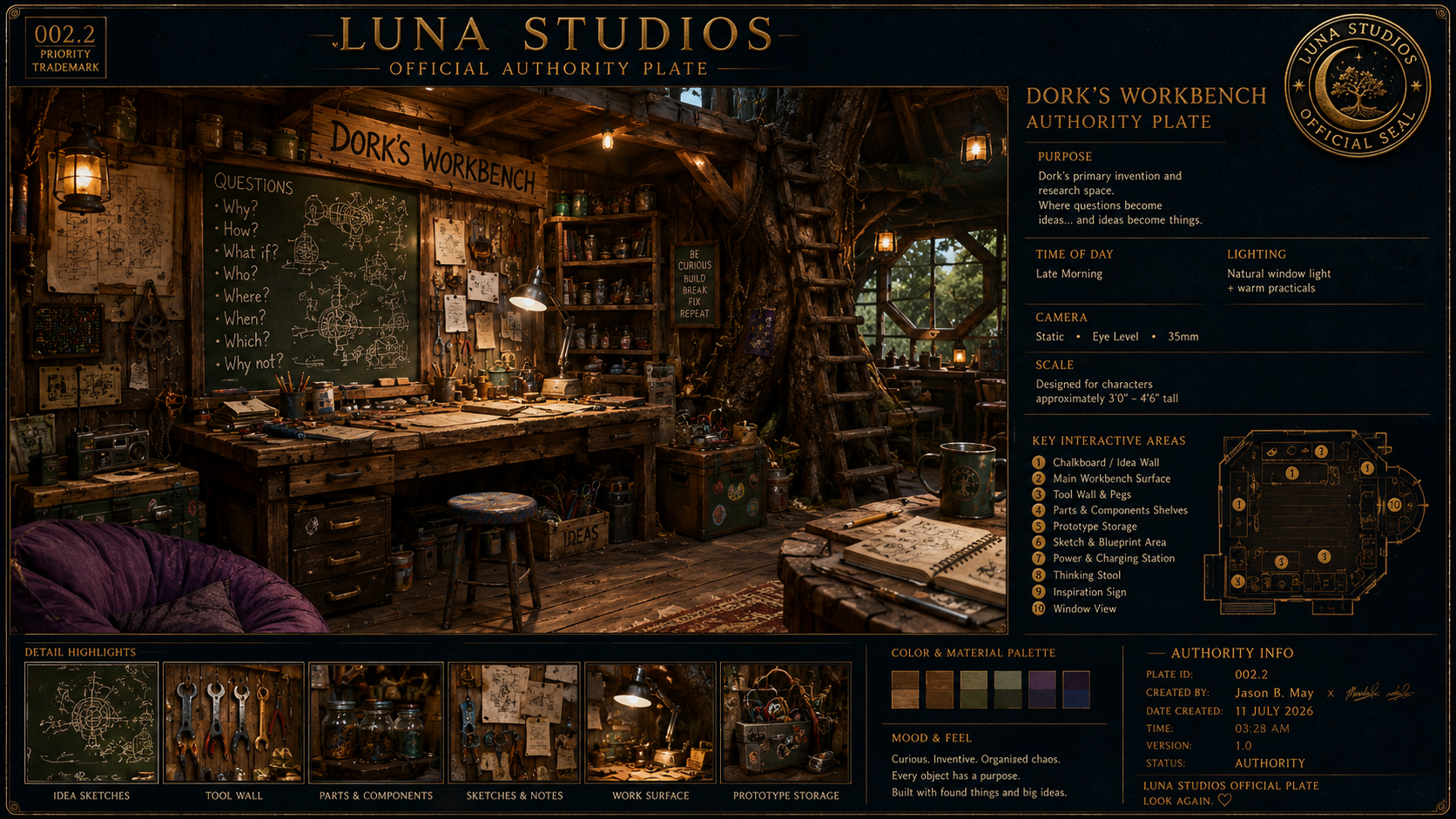 Luna Studios official authority plate showcasing a creative workshop space with a blackboard, workbenches, shelves filled with jars and tools, surrounded by warm lighting and wooden decor.