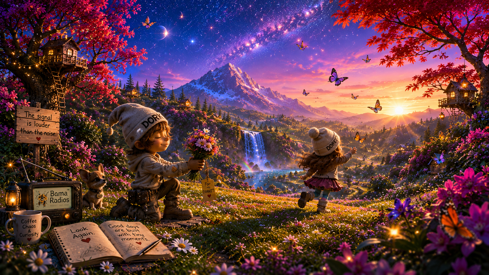 A fantasy landscape at sunset with pink and purple trees, colorful butterflies, mountains, waterfalls, and a starry sky with the galaxy. Two children in hats, one kneeling with flowers, the other running, are on a flower-filled hill. Items like a notebook, mug, radio, and sign are nearby, creating a cozy, magical scene.