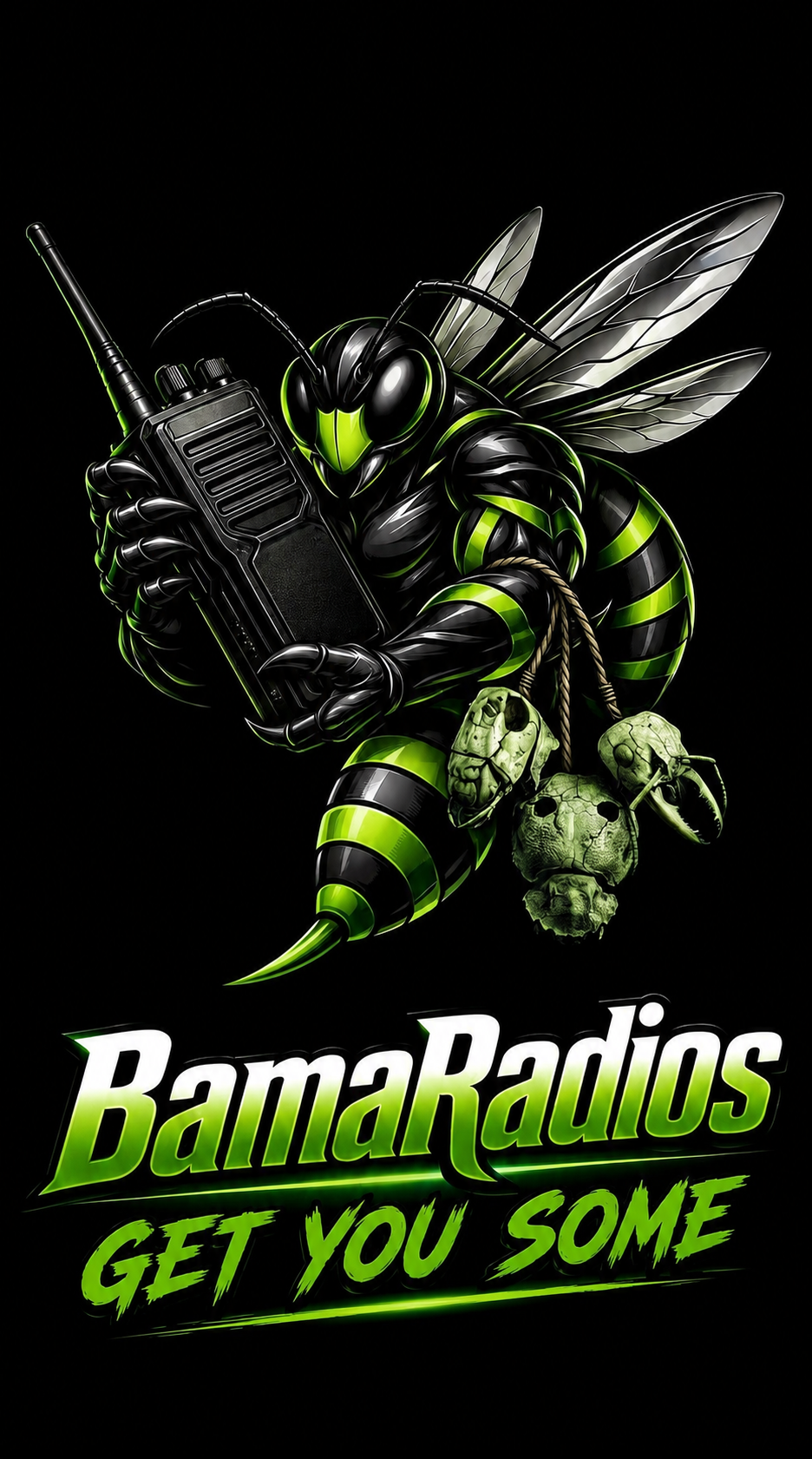 A robotic bee with green and black coloring holds a walkie-talkie and a skull, with the text 'BamaRadios GET YOU SOME' below it.