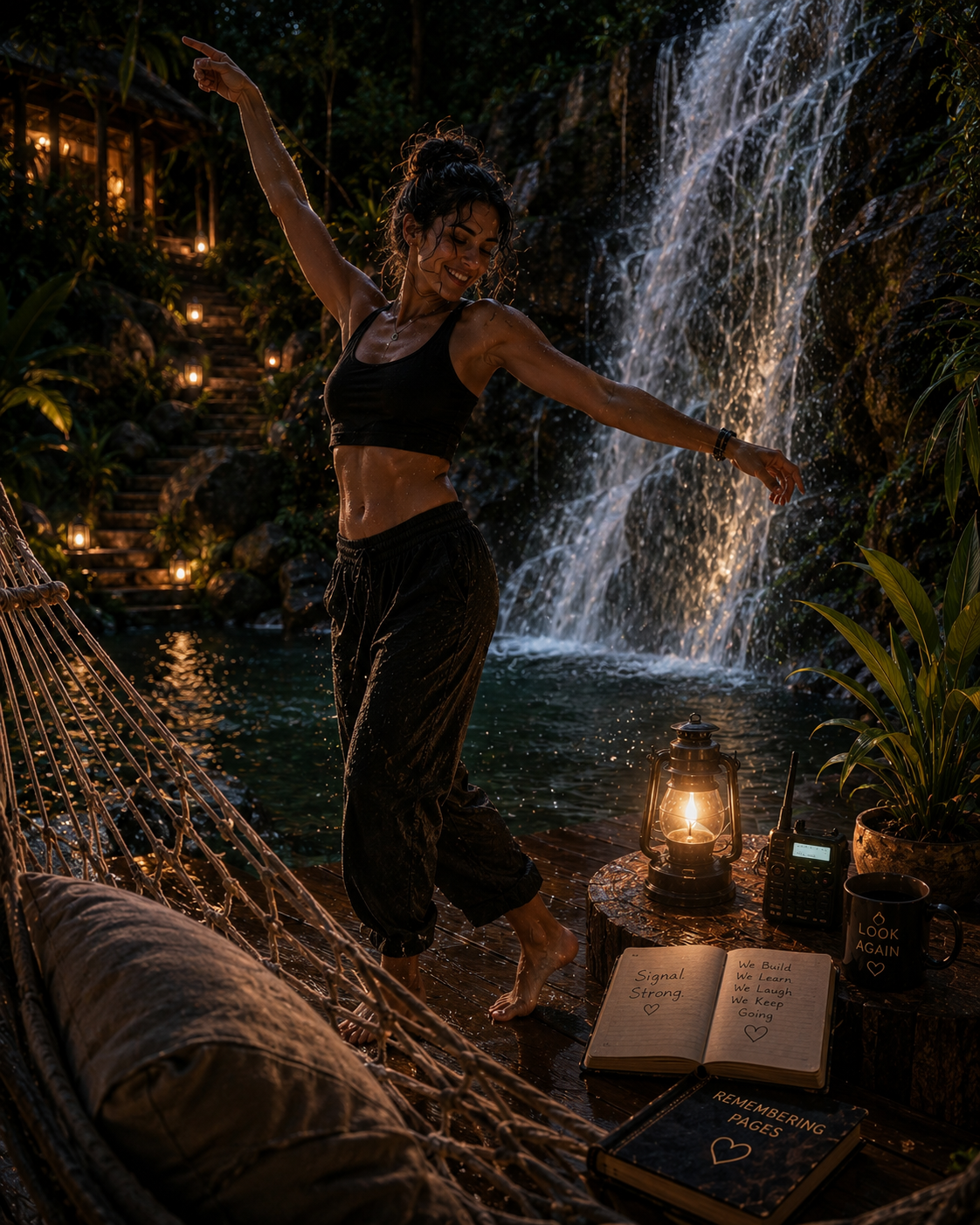 A woman dancing in front of a waterfall at night, with a lantern, radio, notebook, and mug on a small table nearby.