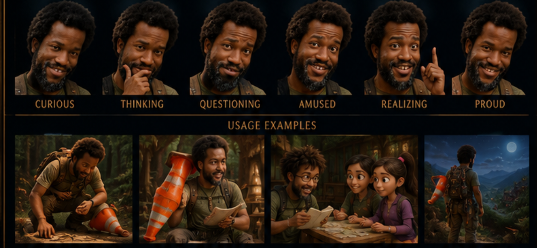 A man with an afro and beard displaying different facial expressions labeled from left to right: curious, thinking, questioning, amused, realizing, proud. Below are four smaller images: the man hiking in a forest, sitting with a map and orange traffic cones, talking with two girls over a map, and walking away at night under a full moon in a mountain landscape.