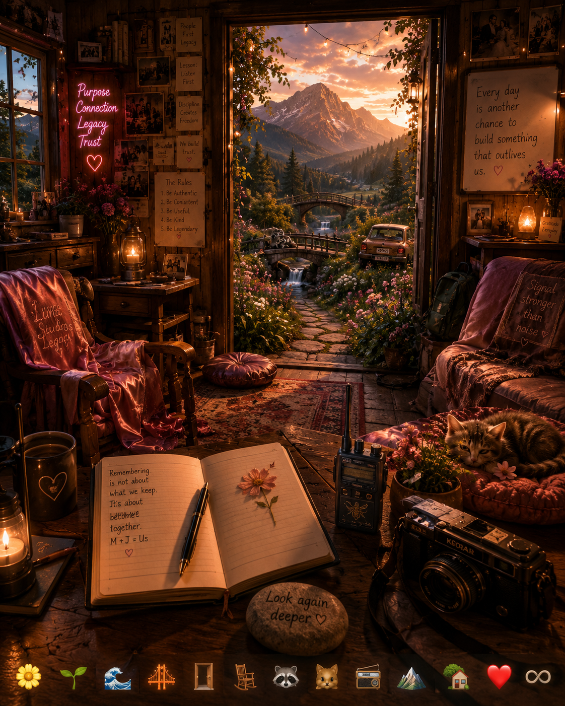 Cozy interior of a rustic cabin with a view of a mountainous landscape at sunset. The room is decorated with fairy lights, flowers, and inspirational quotes, featuring a notebook, camera, and a cat resting on a cushion.