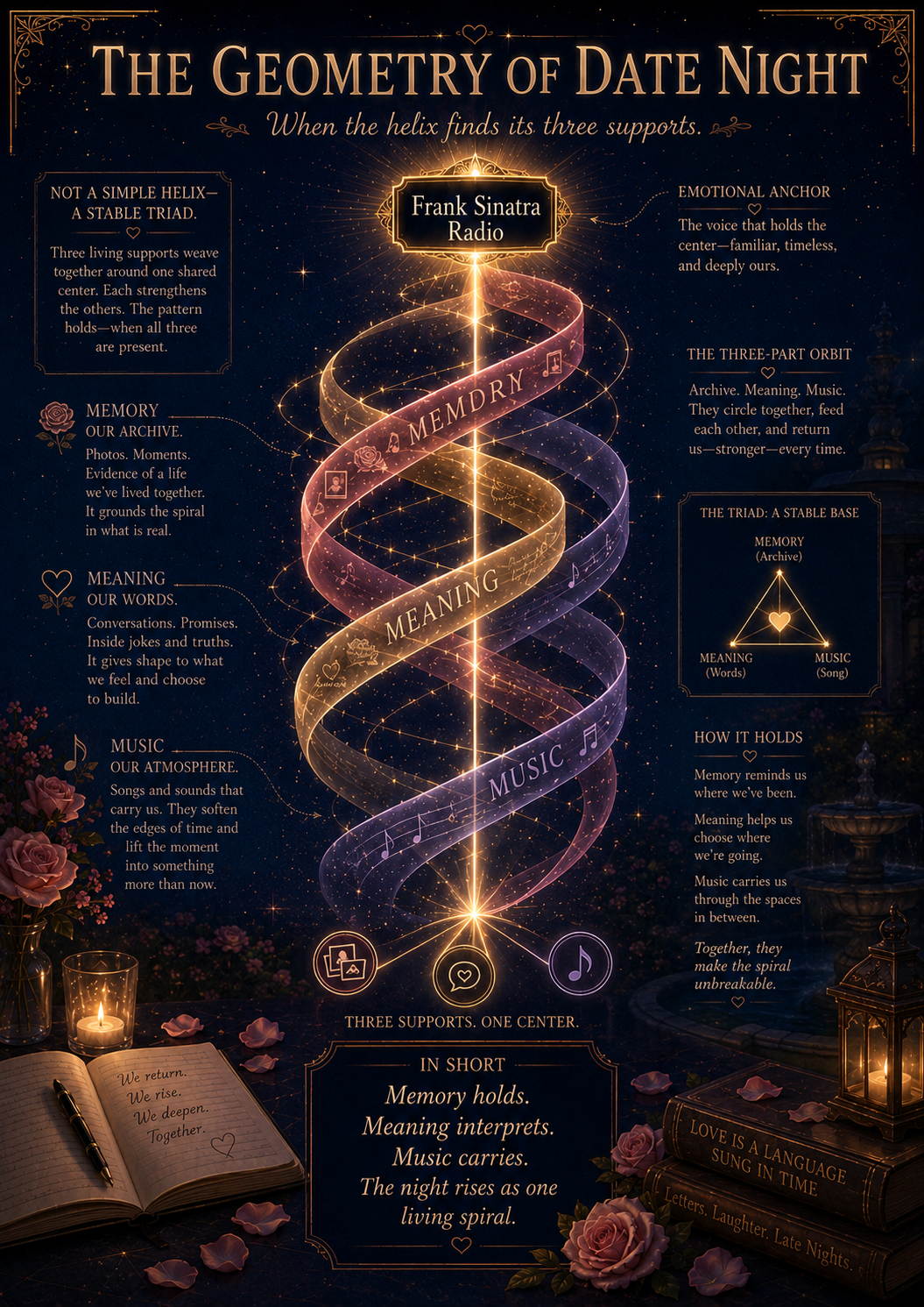 An infographic titled 'The Geometry of Date Night' depicts a spiral representing a relationship, with sections labeled 'Memory,' 'Meaning,' and 'Music,' illustrating how support, words, and atmosphere contribute to connection. The background is dark with decorative elements like roses, candles, and a fountain.