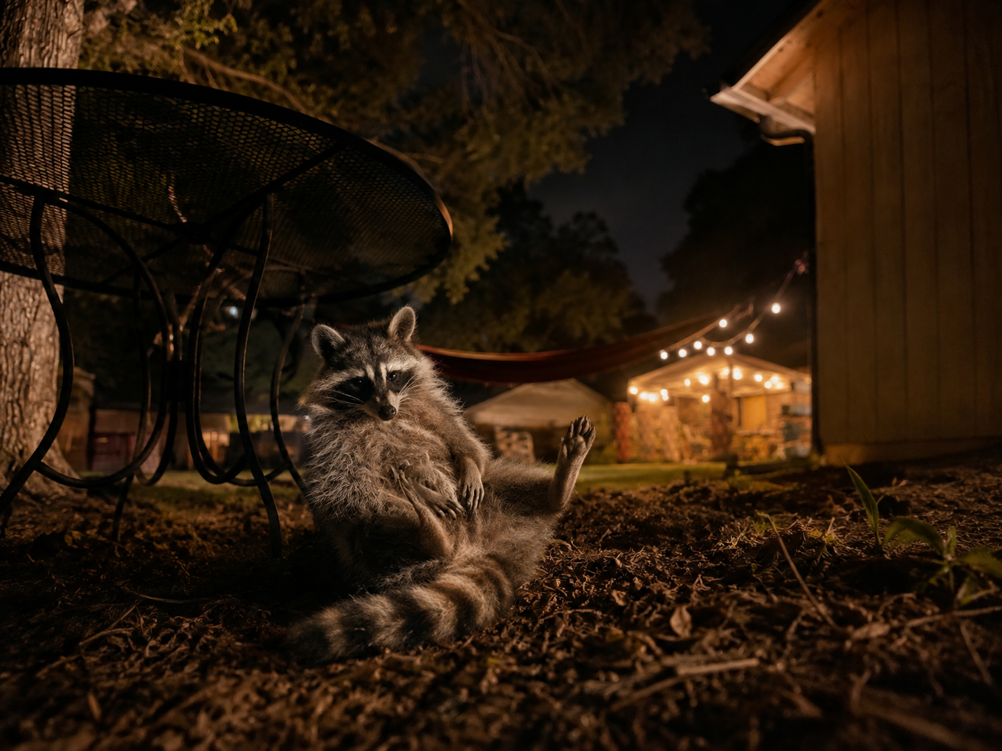 A raccoon sitting on the ground at night under outdoor string lights in a backyard. The raccoon is holding its belly with one hand and raising one paw, with a relaxed expression against a backdrop of trees, a wooden shed, and a patio area.