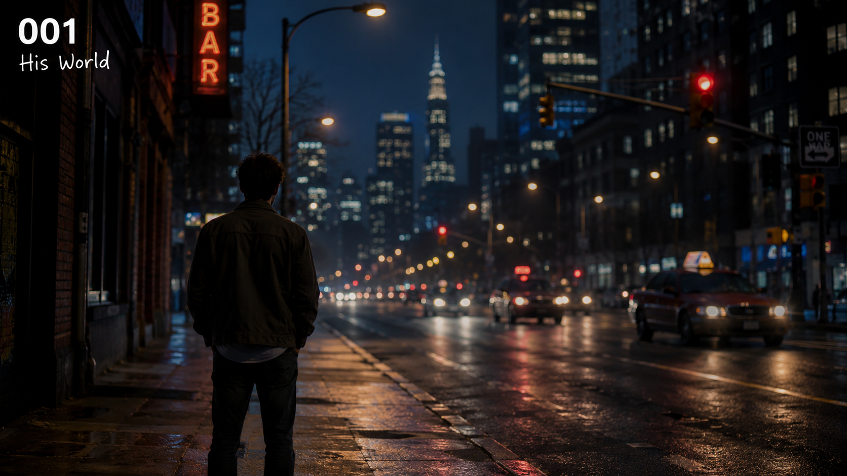 A person standing on a wet city sidewalk at night, with the city skyline and the Empire State Building illuminated in the background. Cars are moving on the street, with their headlights and taillights glowing.