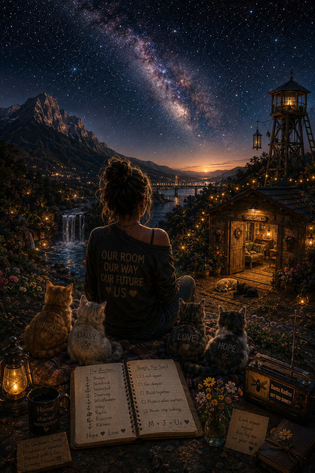 A woman sitting on a blanket outdoors at night, surrounded by cats, looking at a starry sky with the Milky Way visible. There are small lamps, notes, and a cozy wooden shed with a lit interior nearby.