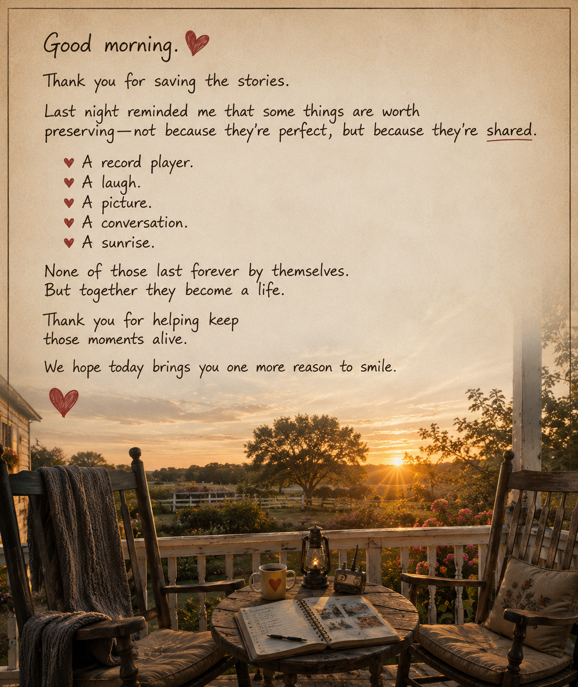 A handwritten note hangs on a porch railing during sunrise, with two wooden chairs, an open scrapbook, a mug, and a lantern on a small round table. The background features trees and a fence.