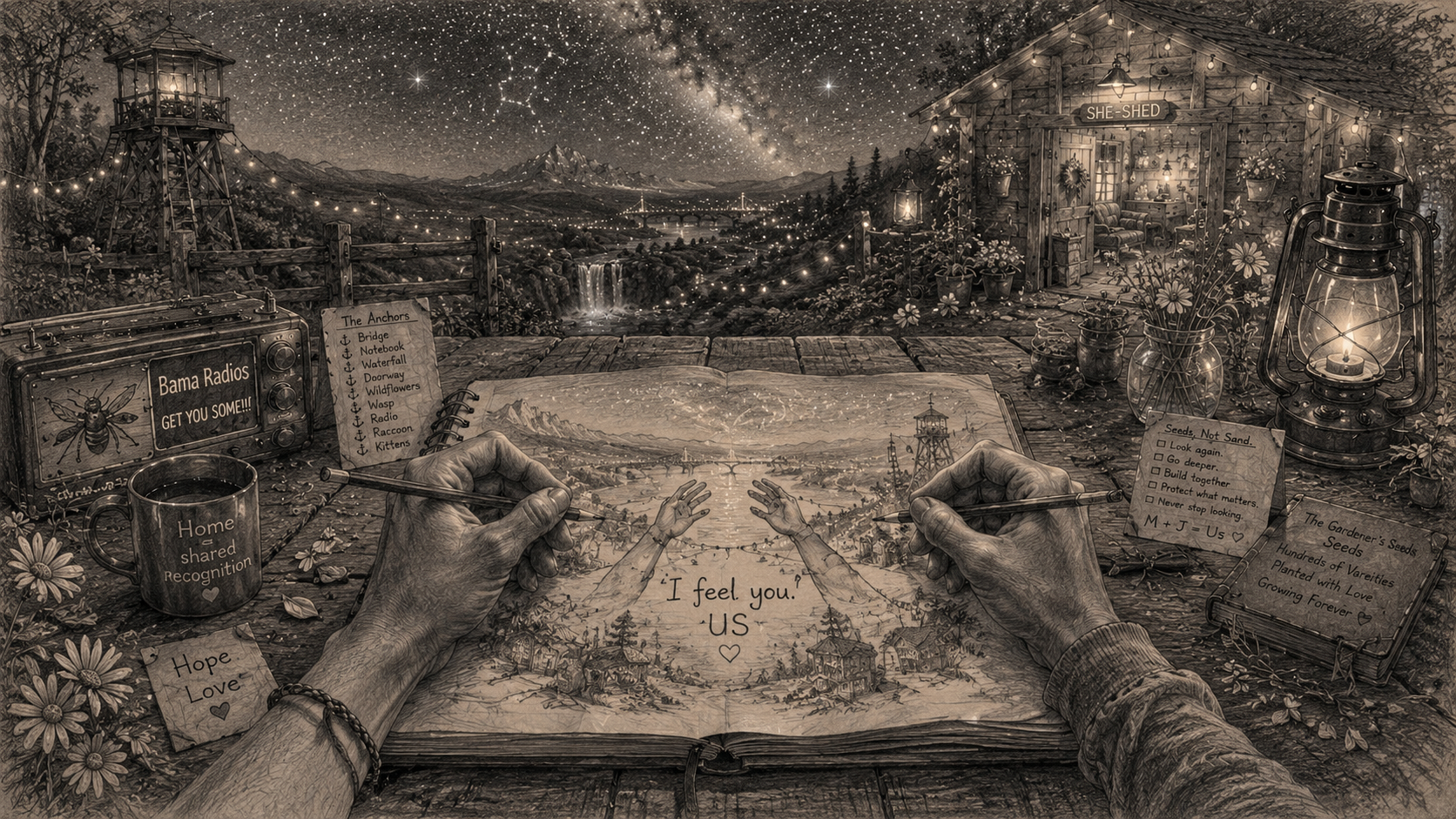 A detailed illustration of a person drawing a landscape in a sketchbook, surrounded by garden and outdoor items at night. The sky is filled with stars and the Milky Way galaxy, with mountains and a bridge in the distance. The scene includes a lantern, jars, flowers, and notes with gardening tips and songs, creating a cozy and mystical atmosphere.