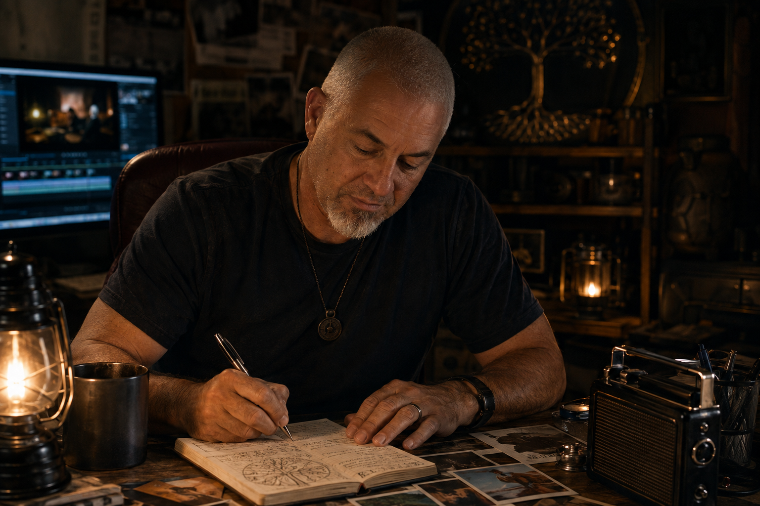A middle-aged man with gray hair and beard writing in a notebook at a desk illuminated by warm lighting, with photographs, a vintage radio, and a lantern around him in a cozy, dimly lit room decorated with artwork and photographs.