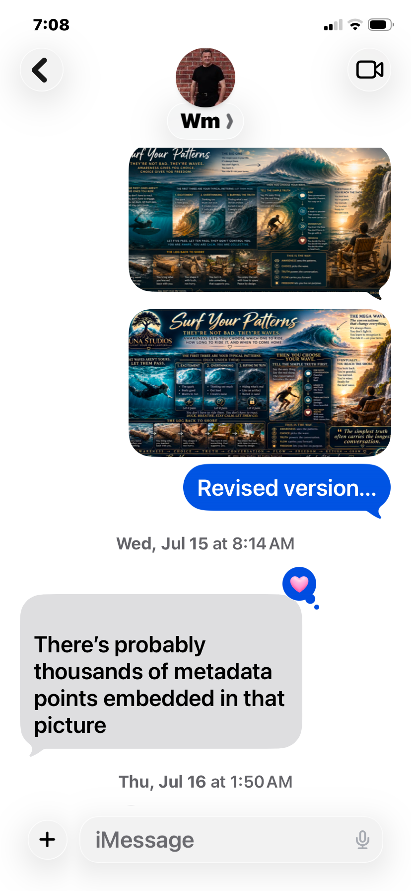 Screenshot of a messaging conversation showing two images related to surfing patterns and waves, titled 'Surf Your Patterns' and 'The Mega Wave'.