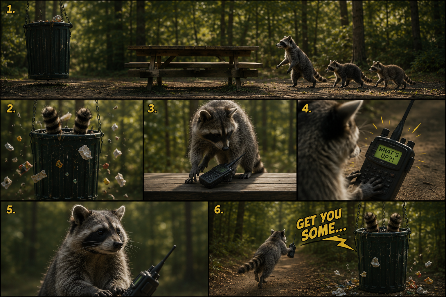 A raccoon is using walkie-talkie to instruct raccoons in a trash can to get some food, with a forest background.