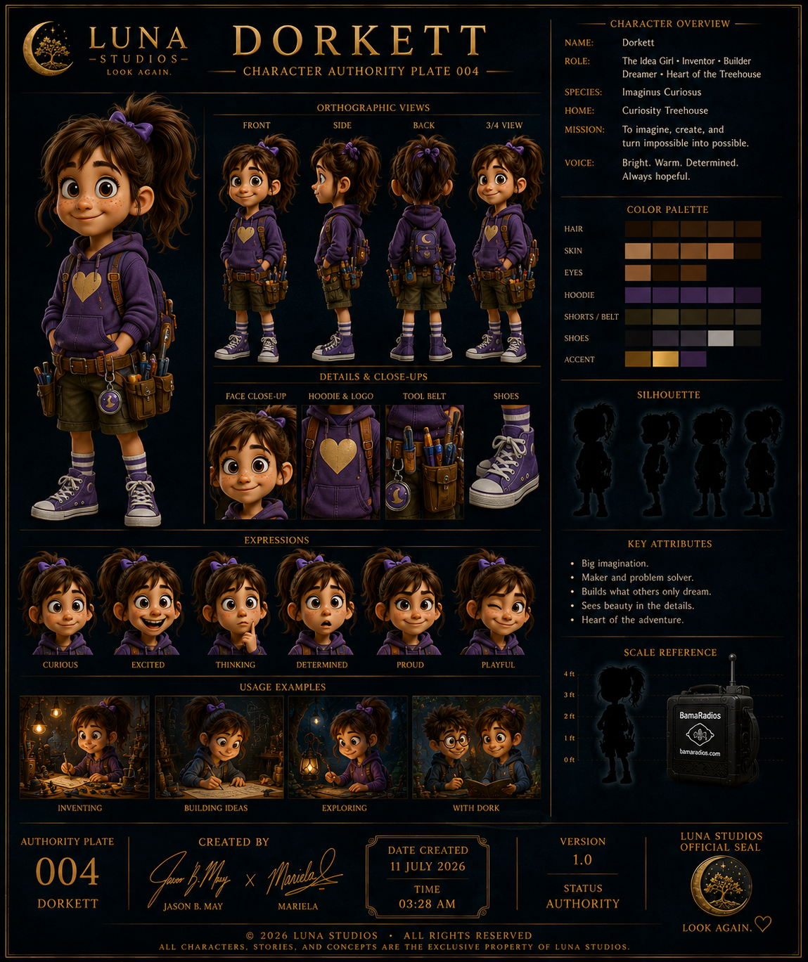 Character design sheet of Dorkett, a girl with large eyes and freckles, wearing a purple hoodie with a heart logo, khaki shorts, purple high-top sneakers, and a tool belt. The sheet includes front, side, back, and close-up views, expressions, and usage examples.