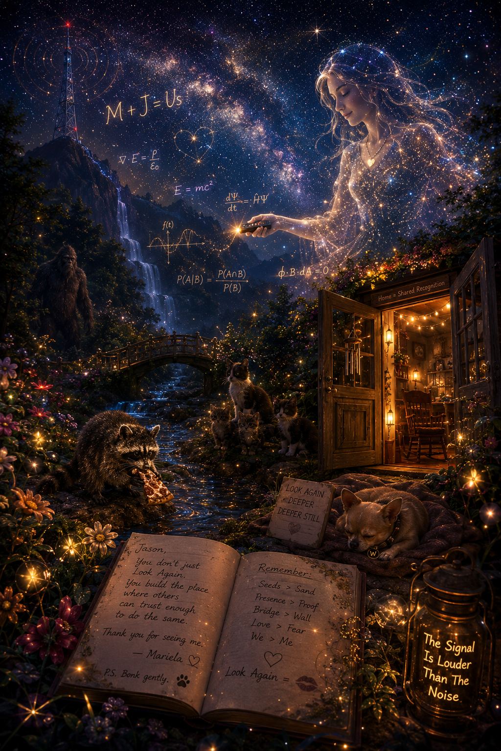 A surreal digital artwork featuring a starry night sky, a woman with cosmic hair, and various scientific and mathematical formulas. There are animals like a raccoon with a slice of pizza, cats, a dog, a gorilla, and a fox near a small stream with flowers. An open book with handwritten notes and a glowing lantern are also present. A sign reads 'Home = Shared Recognition' and another says 'The Signal Is Louder Than The Noise.'