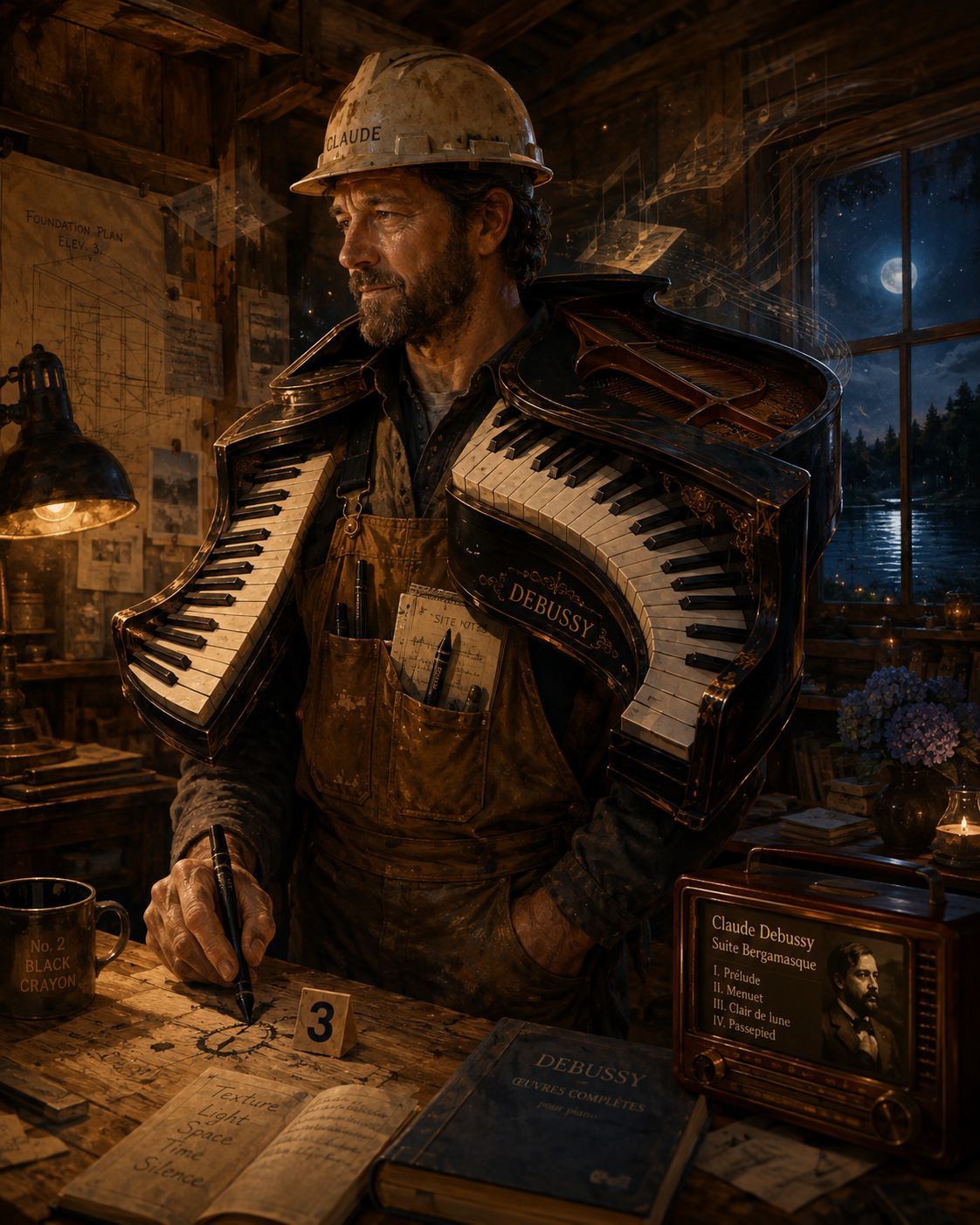 A man in a workshop wearing a hard hat labeled 'Claude', carrying a grand piano with the name 'Debussy' on it. The workshop has maps and plans on the walls, and a window showing a night scene with a full moon. The man is writing on a notepad on a cluttered desk with books, a coffee mug, and a small tent card labeled '3'.
