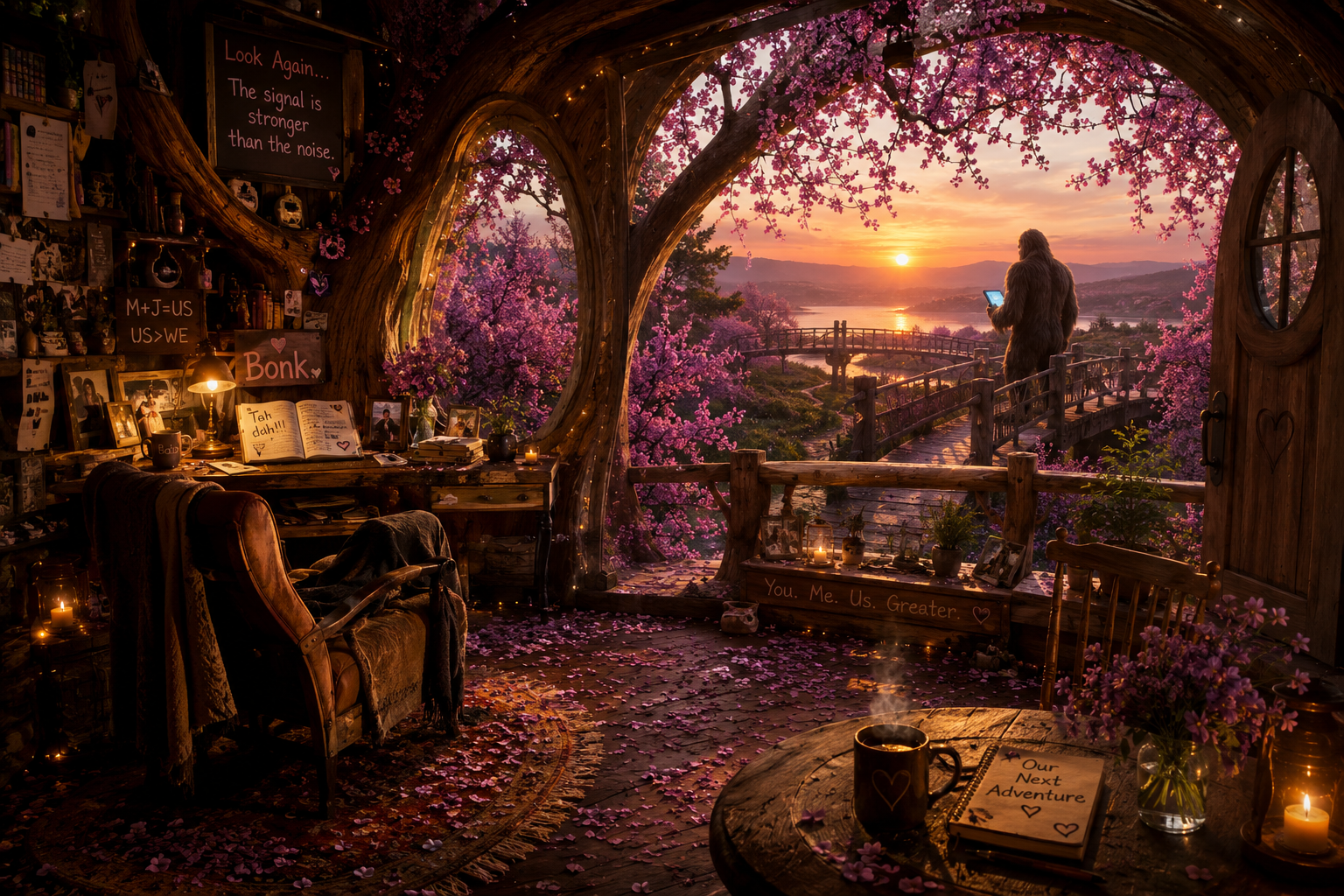 A cozy wooden interior decorated with candles, photos, and notes, overlooking a vibrant pink blossom-filled landscape at sunset, with a person standing on a bridge using a tablet.