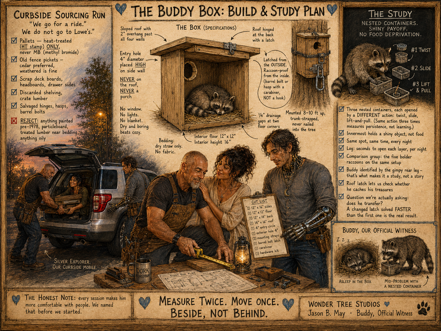 A detailed illustration of a raccoon study plan and build site, featuring a raccoon nesting box with specifications, a raccoon inside, and three nested containers with labeled actions. In the foreground, three people are working on building the raccoon box, with tools and a clipboard. The background shows a sunset with trees and a car and a curbside mobile unit.